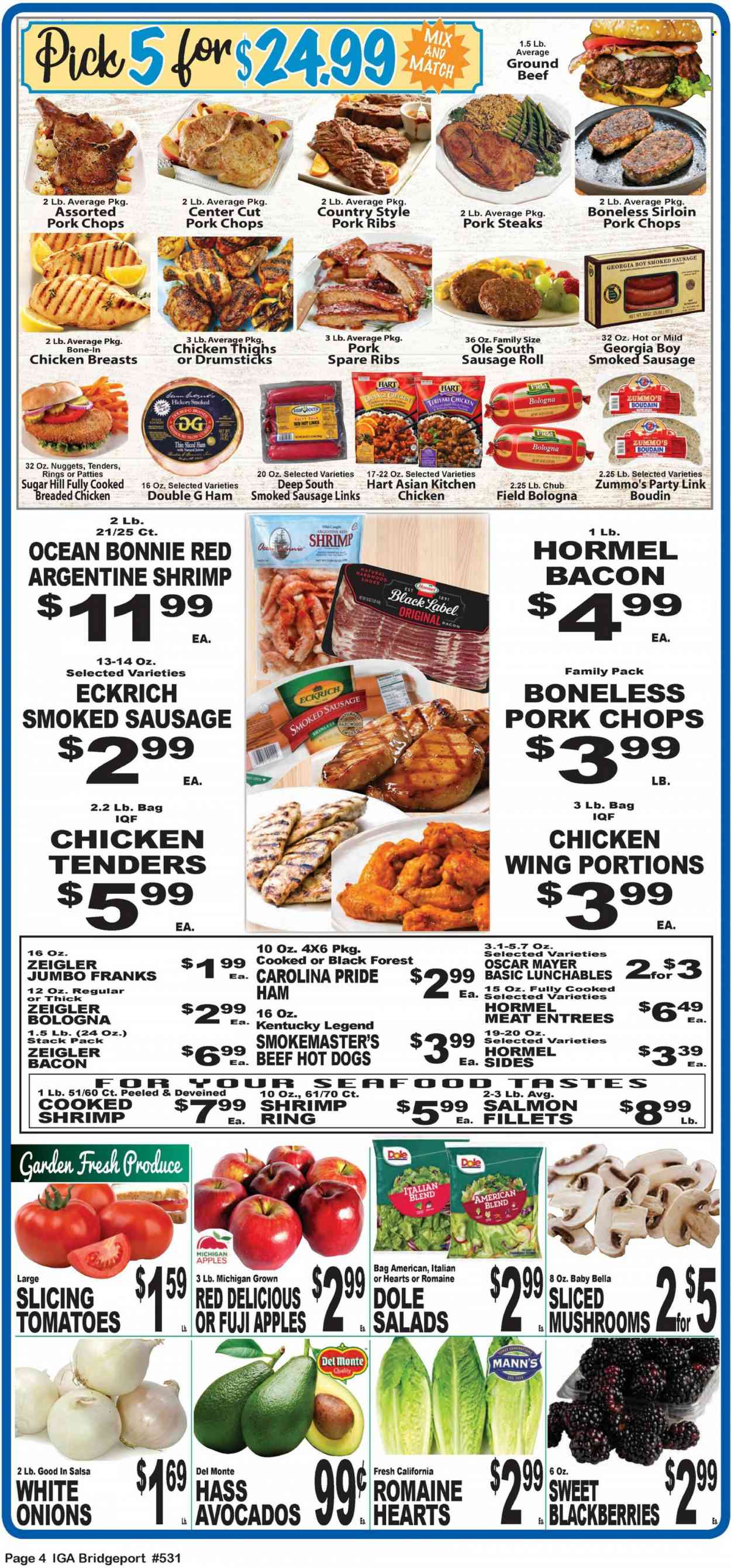 thumbnail - IGA Flyer - 05/31/2023 - 06/06/2023 - Sales products - mushrooms, sausage rolls, tomatoes, onion, Dole, apples, avocado, blackberries, Red Delicious apples, oranges, Fuji apple, salmon, seafood, shrimps, hot dog, chicken tenders, nuggets, sauce, fried chicken, Lunchables, Hormel, ready meal, bacon, ham, smoked sausage, frankfurters, sugar, Del Monte, salsa, juice, chicken thighs, turkey, beef meat, ground beef, steak, ribs, pork chops, pork meat, pork ribs, pork spare ribs. Page 3.