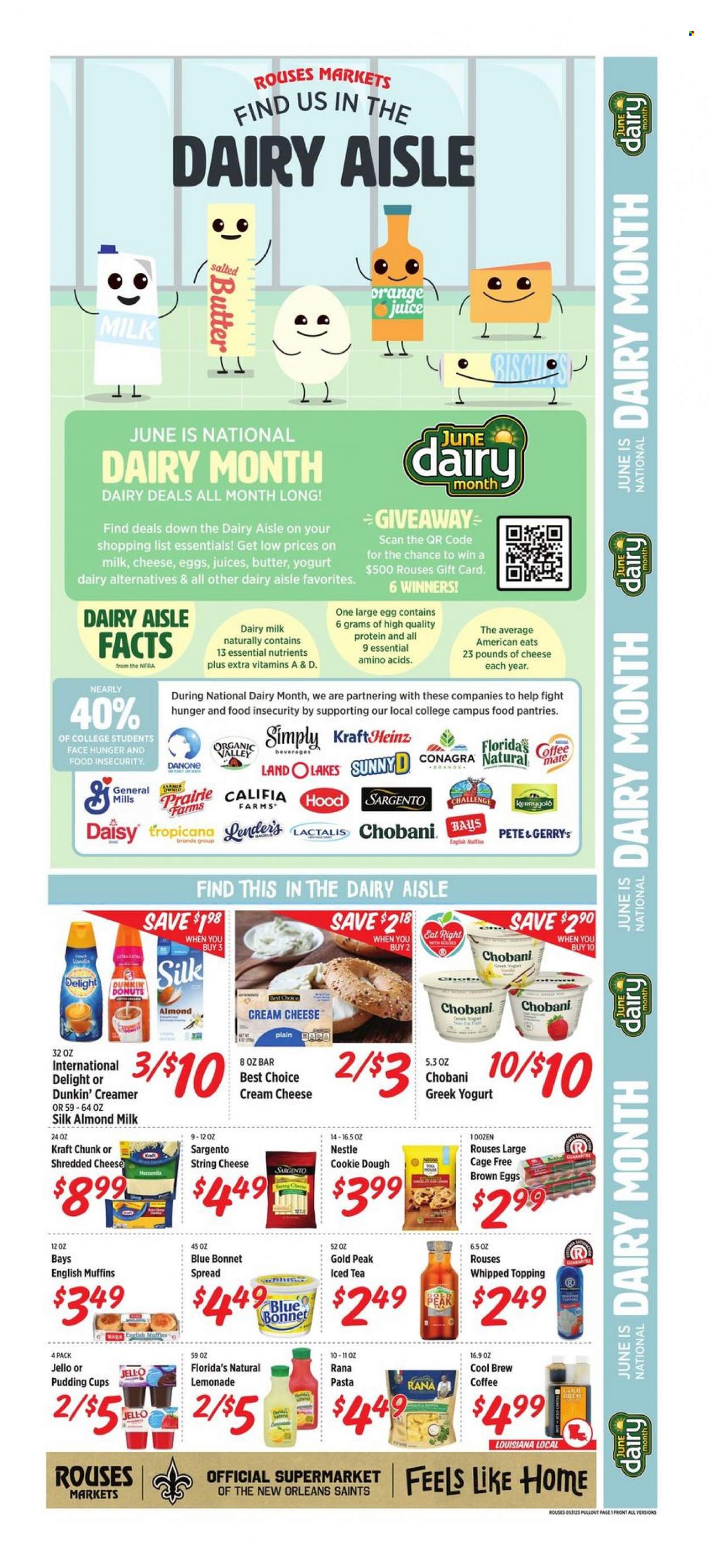 thumbnail - Rouses Markets Flyer - 05/31/2023 - 06/07/2023 - Sales products - bread, cake, buns, cream pie, red snapper, oysters, seafood, crab, crab clusters, hot dog, meatballs, Jimmy Dean, roast, Butterball, ham, Oscar Mayer, Dietz & Watson, Bryan, sausage, smoked sausage, chicken salad, Colby cheese, The Laughing Cow, Babybel, crawfish, chicken wings, cookies, chocolate, biscuit, tortilla chips, chips, salsa, peanut butter, macadamia nuts, turkey breast, chicken, turkey, beef meat, steak, round roast, roast beef, ribs, pork meat, pork ribs, pork spare ribs. Page 3.