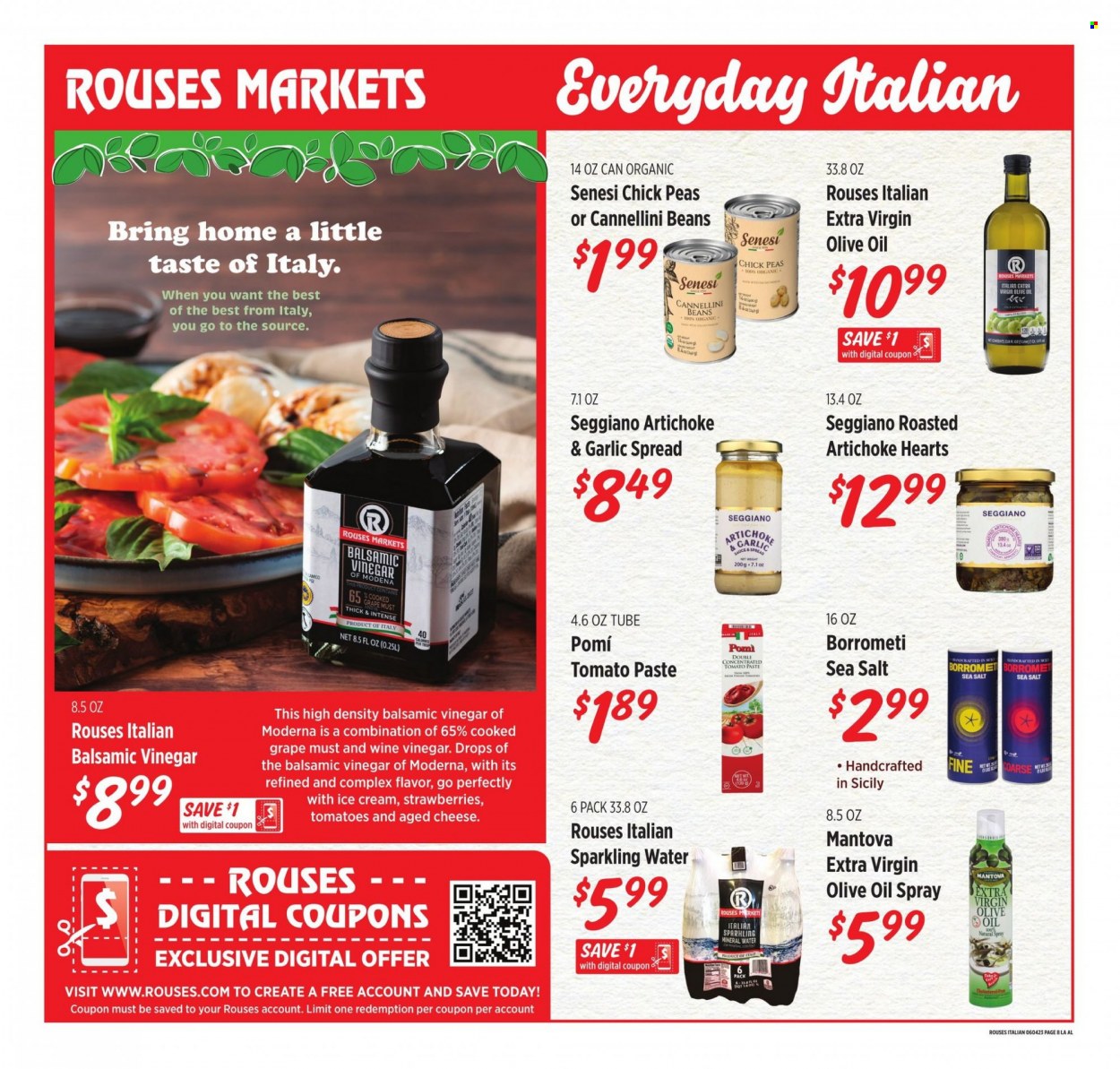 thumbnail - Rouses Markets Flyer - 05/31/2023 - 06/28/2023 - Sales products - beans, peas, cheese, ice cream, sea salt, cannellini beans, tomato paste, balsamic vinegar, extra virgin olive oil, vinegar, wine vinegar, olive oil, oil, mineral water, sparkling water, water, alcohol. Page 8.