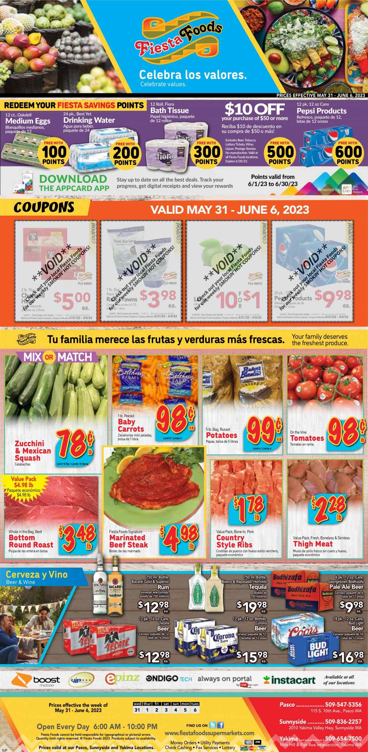 thumbnail - Fiesta Foods SuperMarkets Flyer - 05/31/2023 - 06/06/2023 - Sales products - carrots, russet potatoes, potatoes, mexican squash, limes, prawns, roast, ham, eggs, Rama, Pepsi, soft drink, water, wine, alcohol, Bacardi, rum, tequila, liquor, beer, Bud Light, Corona Extra, beef meat, beef steak, steak, round roast, marinated beef, ribs, pork ribs, country style ribs. Page 1.