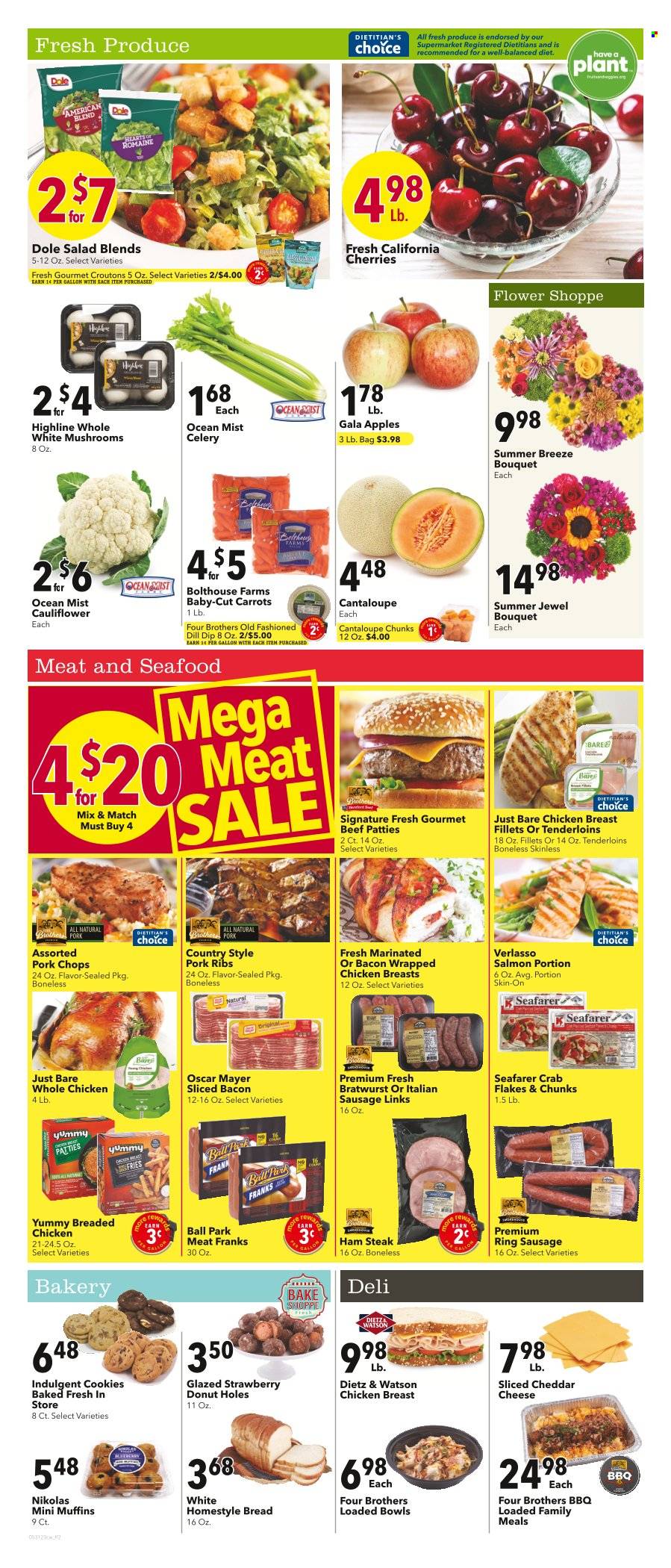thumbnail - Cash Wise Flyer - 05/31/2023 - 06/06/2023 - Sales products - mushrooms, bread, donut holes, muffin, cantaloupe, carrots, celery, salad, Dole, apples, Gala, cherries, salmon, seafood, crab, fried chicken, Four Brothers, ham, Oscar Mayer, Dietz & Watson, bratwurst, italian sausage, frankfurters, ham steaks, cheddar, cheese, dip, potato fries, cookies, croutons, dill, whole chicken, chicken breasts, steak, ribs, pork chops, pork meat, pork ribs. Page 2.