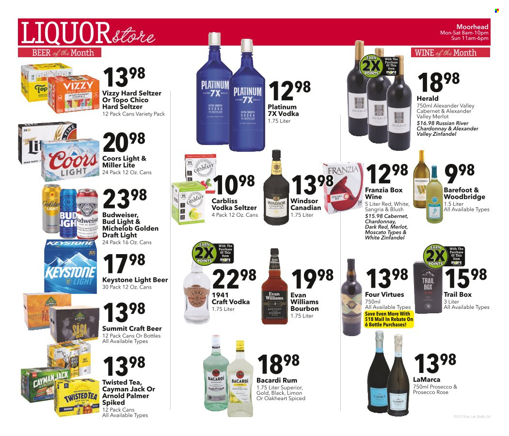 thumbnail - Cash Wise Flyer - 05/31/2023 - 06/06/2023 - Sales products - ice tea, L'Or, Cabernet Sauvignon, red wine, sparkling wine, white wine, prosecco, Chardonnay, wine, Merlot, alcohol, Moscato, Woodbridge, Bacardi, bourbon, rum, Hard Seltzer, beer, Bud Light, Keystone, Topo Chico, Budweiser, Miller Lite, Coors, Twisted Tea, Michelob. Page 1.