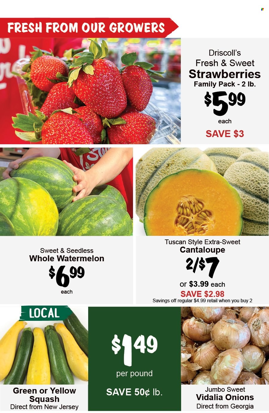 thumbnail - Stew Leonard's Flyer - 05/31/2023 - 06/06/2023 - Sales products - cantaloupe, onion, yellow squash, strawberries, watermelon. Page 4.
