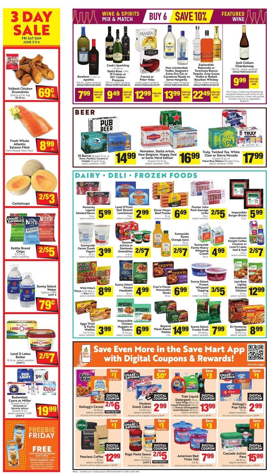 thumbnail - Save Mart Flyer - 05/31/2023 - 06/06/2023 - Sales products - cake, tart, cupcake, waffles, cantaloupe, peaches, chicken drumsticks, chicken, salmon fillet, shrimps, pizza, pasta sauce, meatballs, nuggets, sauce, fried chicken, chicken nuggets, taquitos, ragú pasta, bacon, Cook's, Oscar Mayer, pork sausage, frankfurters, lunch meat, cheese, greek yoghurt, yoghurt, Activia, Dannon, Danimals, butter, creamer, frozen fruit, Kellogg's, Pop-Tarts, Red Vines, topping, cereals, Raisin Bran, ragu, orange juice, juice, ice tea, smoothie, sparkling water, water, iced coffee, sparkling wine, white wine, prosecco, Chardonnay, wine, alcohol, gin, rum, tequila, vodka, whiskey, White Claw, Hard Seltzer, TRULY, bourbon whiskey, whisky, beer, Stella Artois, Bud Light, Corona Extra, Heineken, Modelo, Pabst Blue Ribbon, Estrella, Pabst, Cascade, Gain, Tide, liquid detergent, Budweiser, Half and half, Coors, Twisted Tea, Michelob. Page 2.
