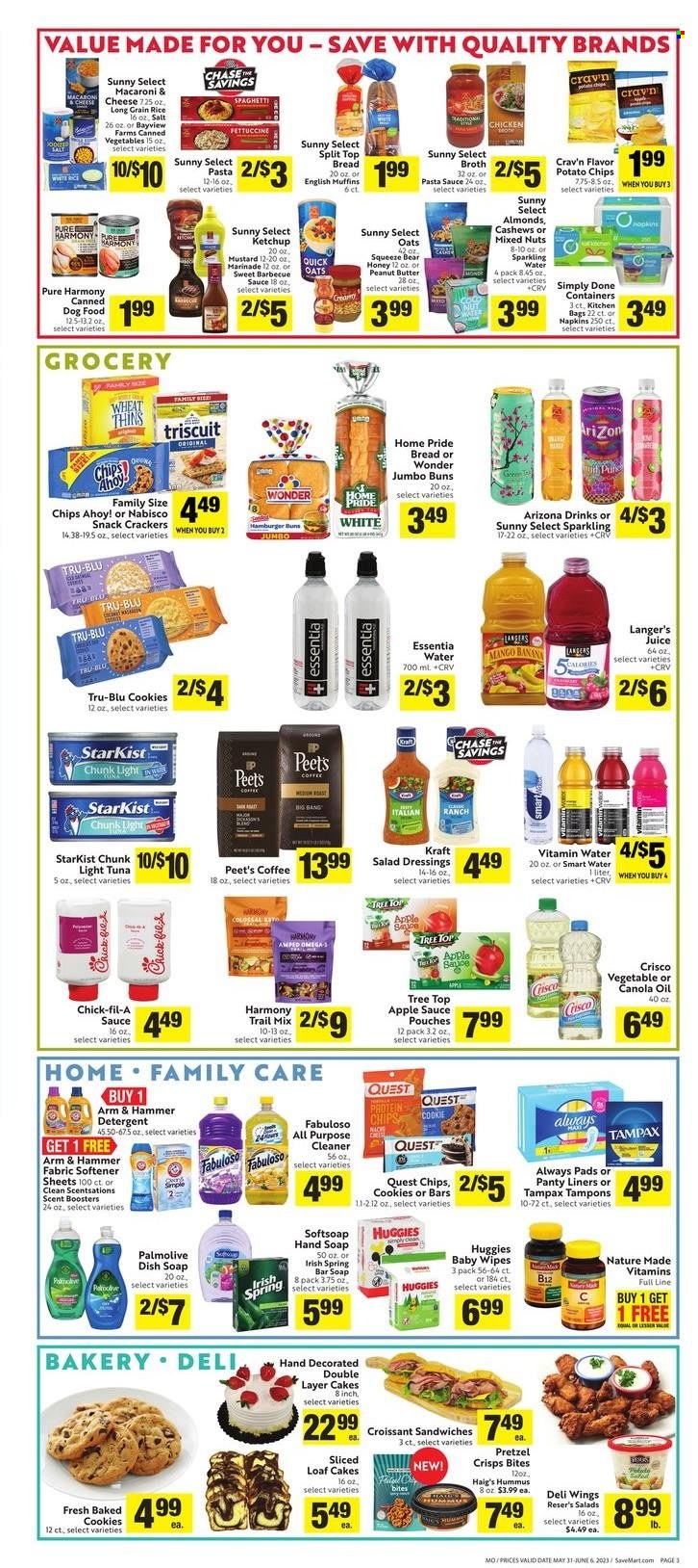 thumbnail - Save Mart Flyer - 05/31/2023 - 06/06/2023 - Sales products - bread, english muffins, cake, croissant, buns, burger buns, mango, chicken, StarKist, macaroni & cheese, spaghetti, pasta sauce, sauce, Kraft®, snack, cookies, crackers, Chips Ahoy!, Nabisco, potato chips, Thins, pretzel crisps, ARM & HAMMER, Crisco, oats, broth, canned vegetables, light tuna, Quick Oats, rice, white rice, long grain rice, BBQ sauce, mustard, salad dressing, ketchup, marinade, canola oil, apple sauce, peanut butter, almonds, cashews, mixed nuts, trail mix, juice, AriZona, sparkling water, Smartwater, vitamin water, water, coffee, wipes, Huggies, baby wipes, napkins, fabric softener, Fabuloso, scent booster, Softsoap, hand soap, Palmolive, soap bar, animal food, dog food, Pure Harmony, Nature Made, Omega-3, dietary supplement. Page 3.