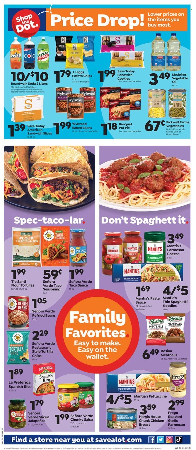 thumbnail - Save a Lot Flyer - 05/31/2023 - 06/06/2023 - Sales products - pie, flour tortillas, pot pie, beans, corn, green beans, spaghetti, meatballs, sandwich, pasta, sauce, noodles, sandwich slices, sandwich cookies, cookies, tortilla chips, potato chips, chips, refried beans, baked beans, rice, spice, taco sauce, salsa, oil, soda, chicken breasts, chicken. Page 2.