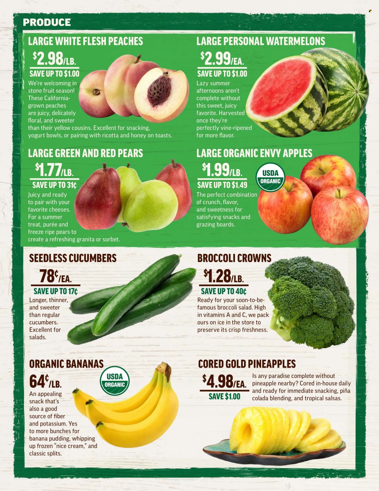 thumbnail - Central Market Flyer - 05/31/2023 - 06/06/2023 - Sales products - cucumber, apples, bananas, watermelon, pineapple, pears, organic bananas, peaches, snack, cheese, pudding, yoghurt, sorbet, honey, bunches. Page 2.