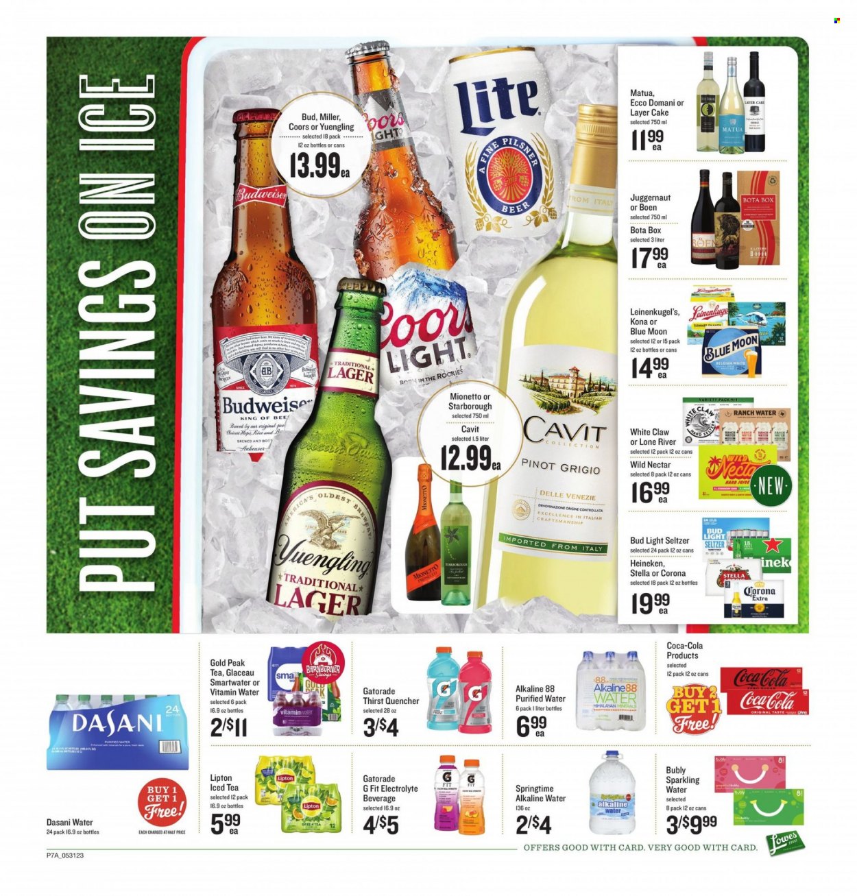 thumbnail - Lowes Foods Flyer - 05/31/2023 - 06/06/2023 - Sales products - quince, brewer, rice, Berri, Coca-Cola, juice, Lipton, ice tea, soft drink, Gold Peak Tea, Gatorade, sparkling water, purified water, Smartwater, alkaline water, vitamin water, water, white wine, wine, alcohol, Pinot Grigio, Ron Pelicano, White Claw, Hard Seltzer, beer, Bud Light, Corona Extra, Heineken, Miller, Lager, electrolyte drink, Budweiser, Leinenkugel's, Coors, Blue Moon, Yuengling. Page 7.