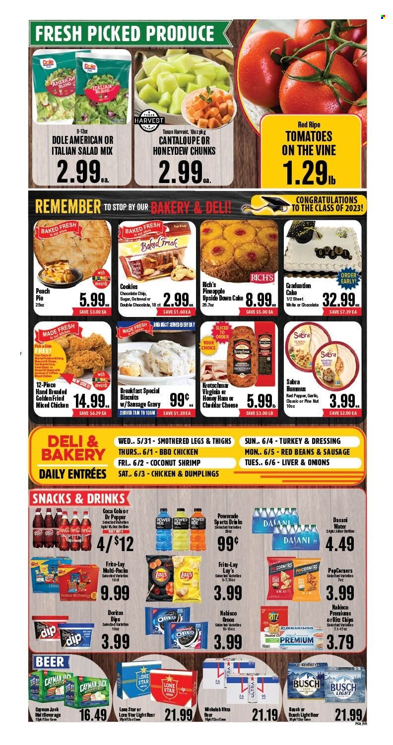thumbnail - Market Basket Flyer - 05/31/2023 - 06/06/2023 - Sales products - cake, pie, beans, cantaloupe, corn, tomatoes, onion, salad, Dole, honeydew, pineapple, shrimps, dumplings, ham, snack, hummus, cheese, Oreo, dip, cookies, chocolate chips, biscuit, RITZ, Nabisco, Doritos, chips, Lay’s, popcorn, Frito-Lay, salty snack, oatmeal, red beans, dressing, Coca-Cola, Powerade, energy drink, Dr. Pepper, soft drink, water, alcohol, beer, Busch, turkey, Michelob. Page 4.