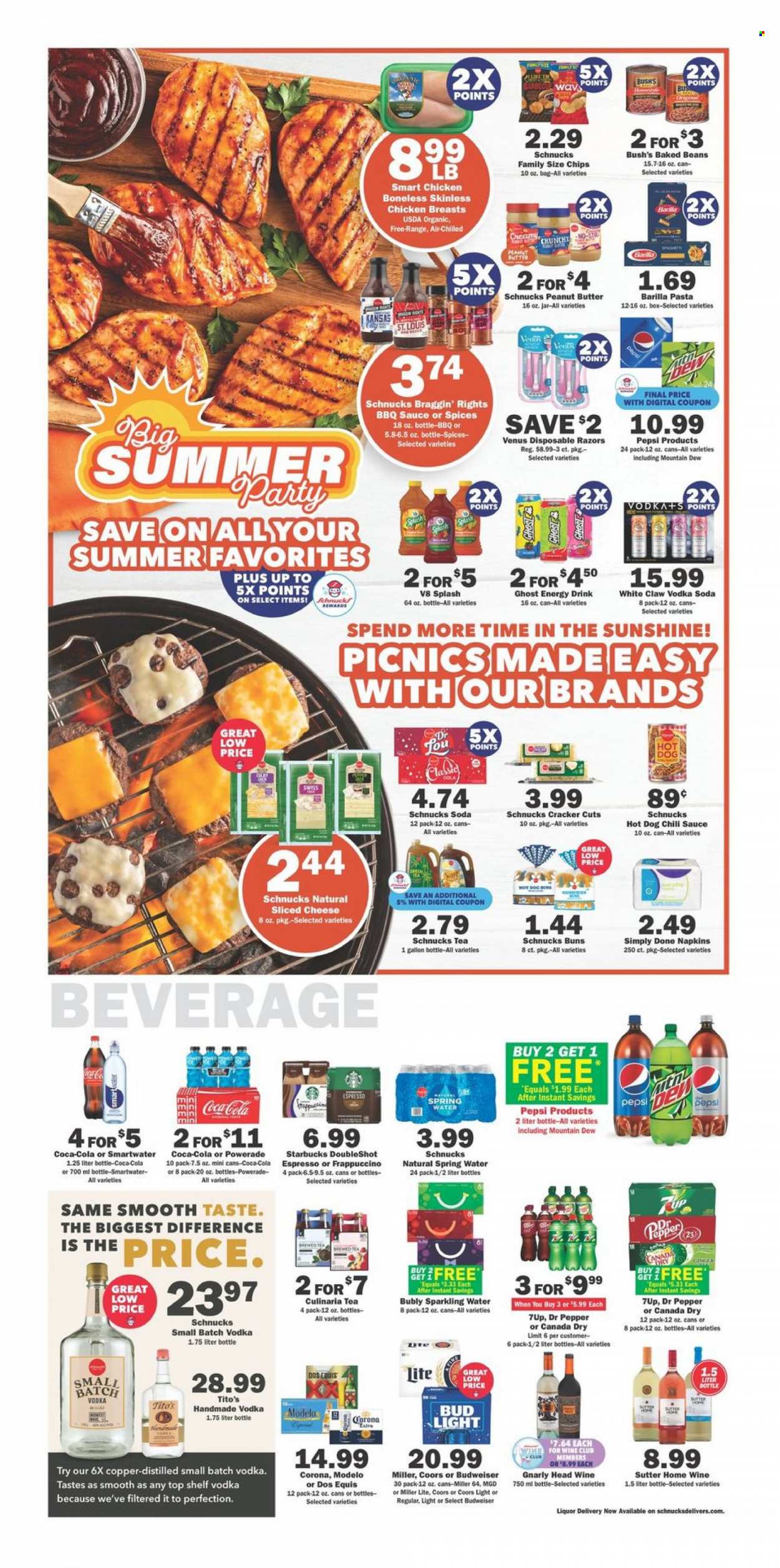 thumbnail - Schnucks Flyer - 05/31/2023 - 06/06/2023 - Sales products - buns, beans, ginger, pasta, sauce, Barilla, sliced cheese, Sunshine, crackers, chips, baked beans, BBQ sauce, chilli sauce, peanut butter, Canada Dry, Coca-Cola, Mountain Dew, Powerade, Pepsi, energy drink, fruit drink, Dr. Pepper, soft drink, 7UP, spring water, sparkling water, Smartwater, water, tea, Starbucks, frappuccino, alcohol, vodka, White Claw, beer, Bud Light, Corona Extra, Modelo, chicken breasts, chicken, napkins, Budweiser, Miller Lite, Coors, Dos Equis. Page 3.