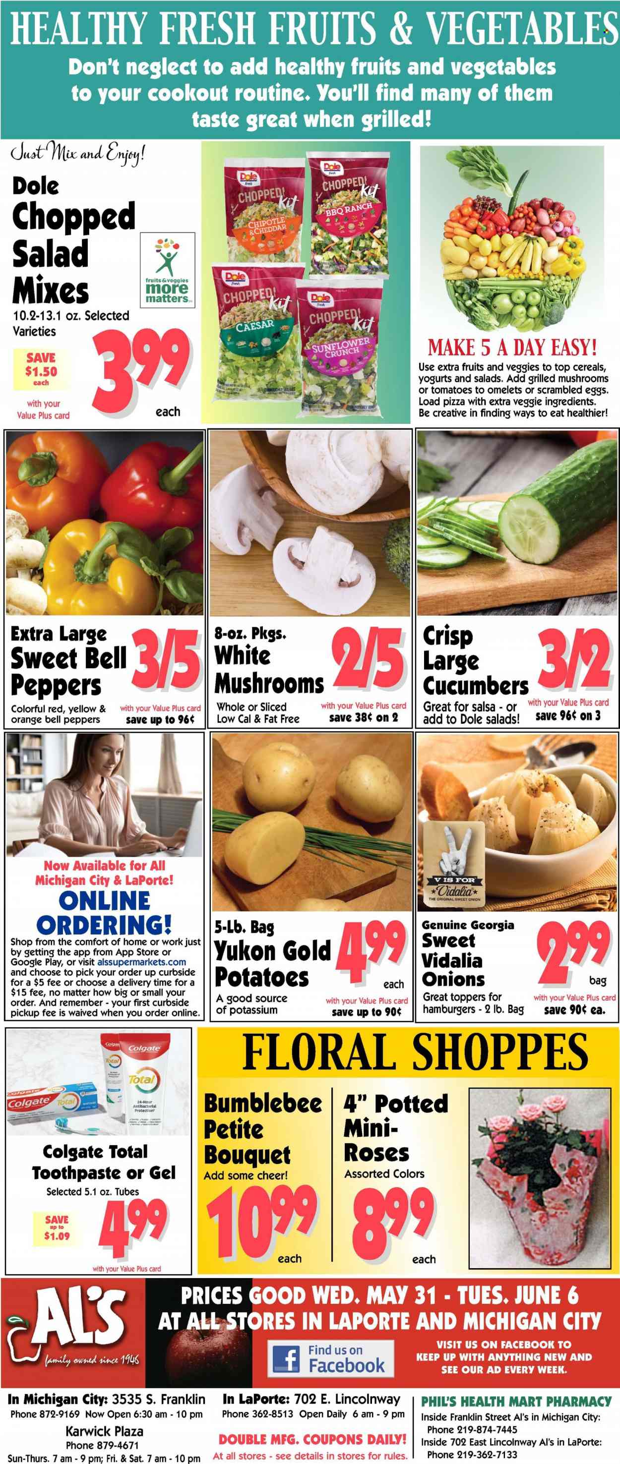 thumbnail - Al's Supermarket Flyer - 05/31/2023 - 06/06/2023 - Sales products - potatoes, onion, Dole, chopped salad, pizza, eggs, cereals, salsa, Colgate, toothpaste, bouquet, rose. Page 6.