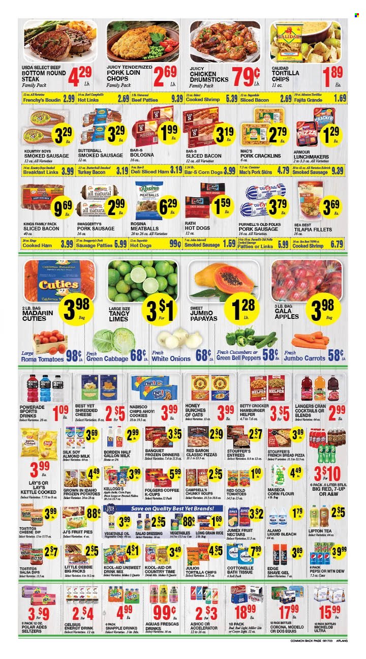 thumbnail - Arlan's Market Flyer - 05/31/2023 - 06/06/2023 - Sales products - bread, pie, french bread, bell peppers, cabbage, carrots, cucumber, potatoes, onion, peppers, apples, Gala, limes, tilapia, shrimps, Campbell's, hot dog, pizza, meatballs, fajita, bacon, Butterball, cooked ham, turkey bacon, sausage, smoked sausage, pork sausage, shredded cheese, almond milk, milk, dip, Stouffer's, Red Baron, cookies, crackers, Kellogg's, Chips Ahoy!, Nabisco, tortilla chips, Lay’s, Tostitos, corn flour, canned tomatoes, rice, long grain rice, salad dressing, dressing, salsa, vegetable oil, oil, Mountain Dew, Powerade, energy drink, Lipton, 7UP, Snapple, A&W, Country Time, powder drink, tea, coffee, Folgers, coffee capsules, K-Cups, beer, Corona Extra, Mac’s, Modelo, chicken drumsticks, chicken, beef meat, steak, round steak, sausage patties, pork chops, pork loin, pork meat, bath tissue, Cottonelle, bleach, shave gel, Dos Equis, Michelob. Page 2.