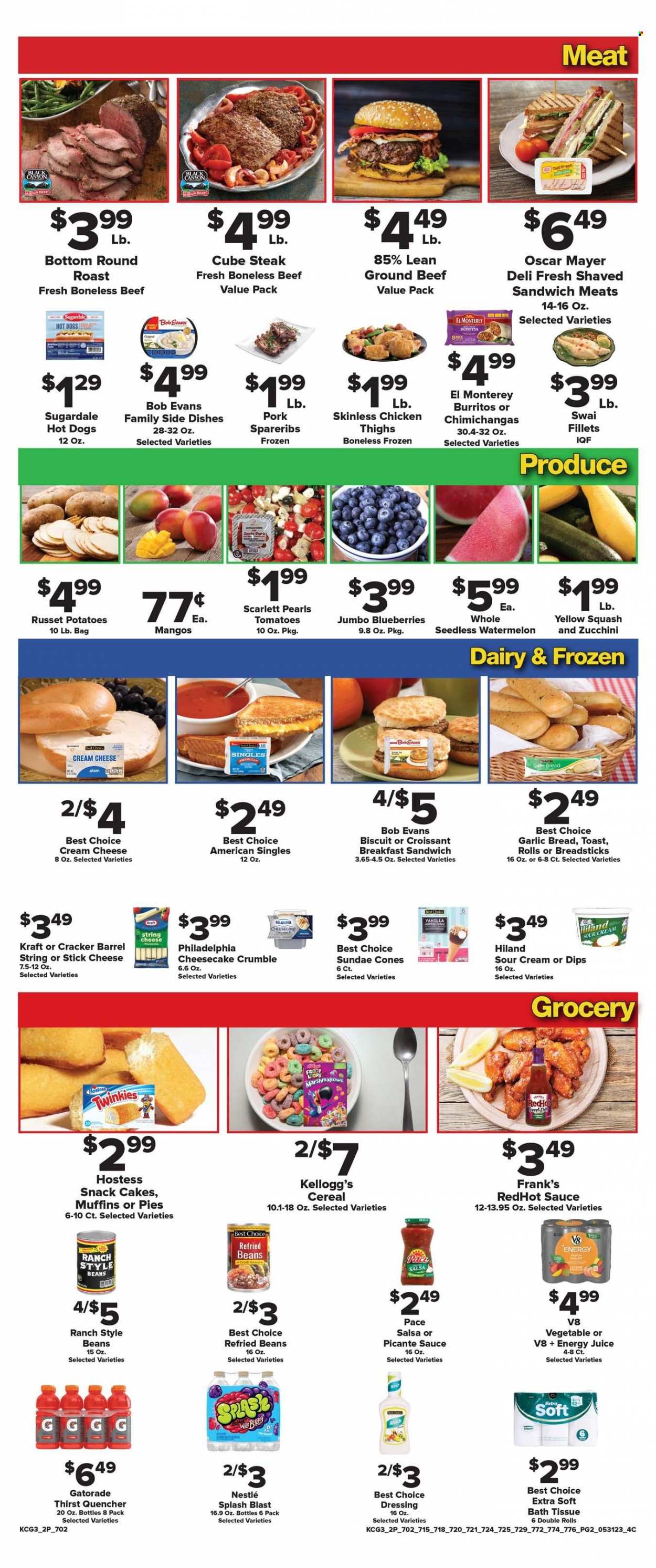 thumbnail - Brothers Market Flyer - 05/31/2023 - 06/06/2023 - Sales products - cake, pie, muffin, beans, russet potatoes, tomatoes, zucchini, potatoes, yellow squash, blueberries, mango, watermelon, swai fillet, hot dog, sauce, burrito, Kraft®, Bob Evans, Sugardale, roast, snack, Oscar Mayer, cream cheese, string cheese, Philadelphia, sour cream, cheese sticks, marshmallows, Nestlé, crackers, Kellogg's, biscuit, bread sticks, refried beans, cereals, dressing, salsa, juice, Gatorade, beer, Corona Extra, chicken, beef meat, ground beef, steak, round roast, pork ribs, pork spare ribs, electrolyte drink. Page 2.