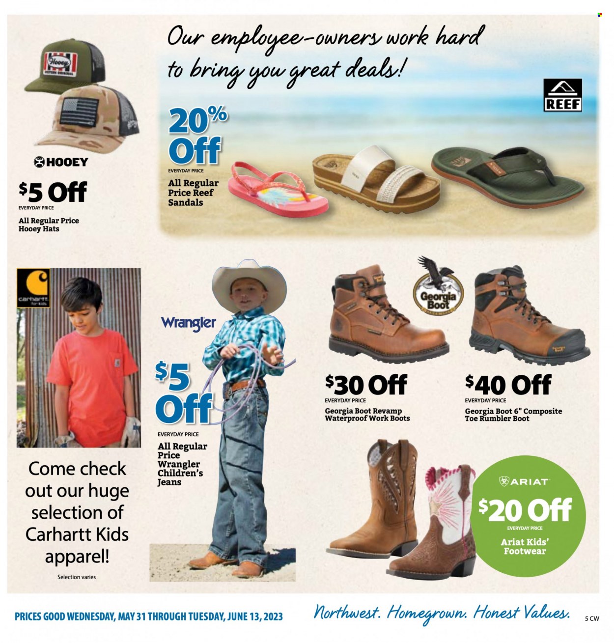 thumbnail - Cascade Farm And Outdoor Flyer - 05/31/2023 - 06/13/2023 - Sales products - boots, sandals, safety boots, jeans, hat. Page 5.