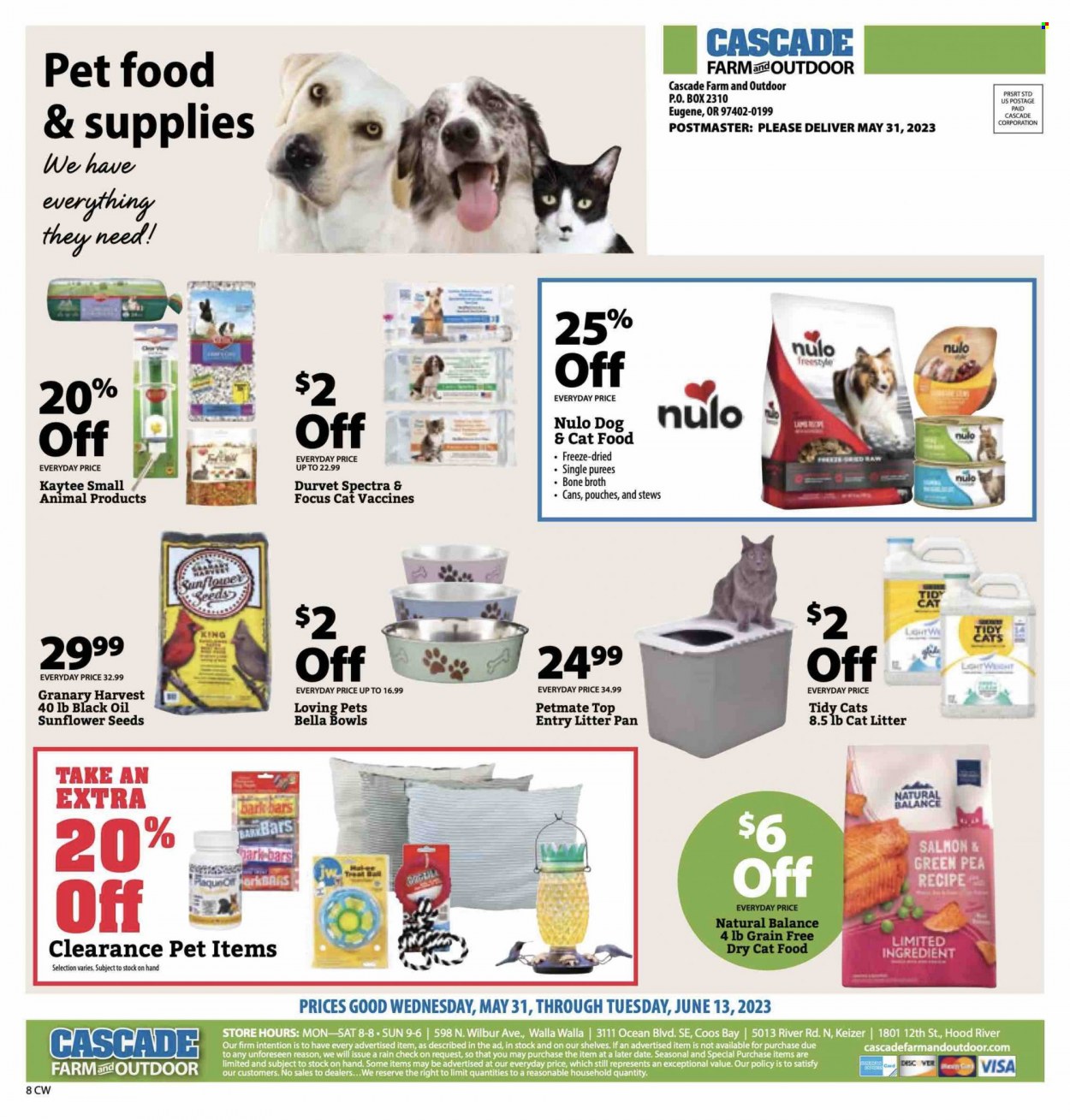 thumbnail - Cascade Farm And Outdoor Flyer - 05/31/2023 - 06/13/2023 - Sales products - pan, cat litter, Kaytee, animal food, cat food, sunflower seeds, dry cat food, Natural Balance, Nulo. Page 8.