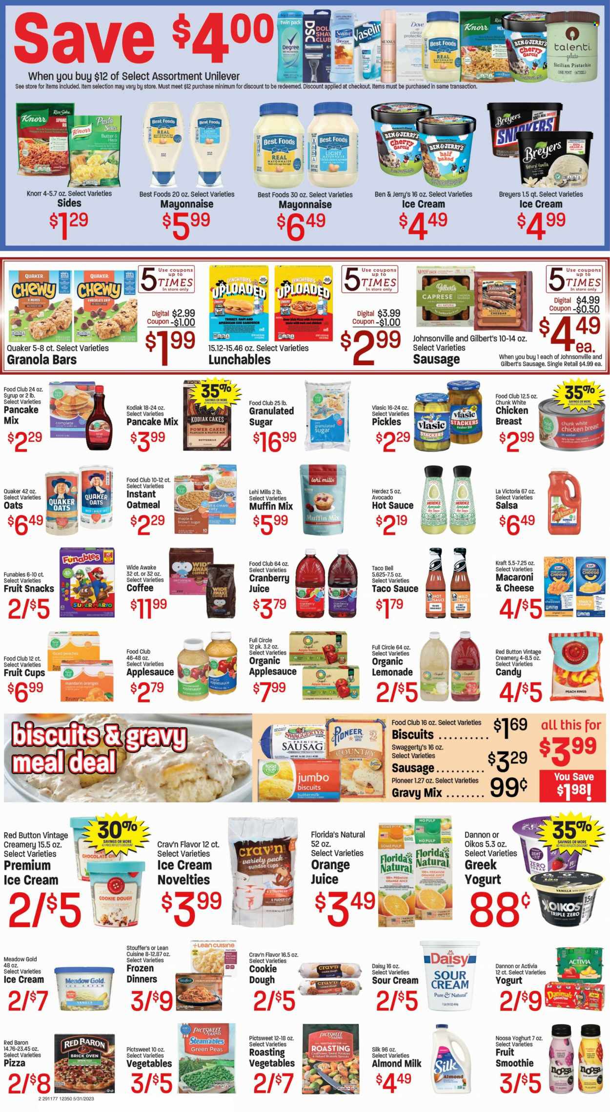 thumbnail - Fresh Market Flyer - 05/31/2023 - 06/06/2023 - Sales products - cake, muffin mix, pancake mix, sweet potato, brussel sprouts, avocado, mandarines, cherries, fruit cup, macaroni & cheese, pizza, sandwich, Knorr, Quaker, Lean Cuisine, pasta sides, Lunchables, Kraft®, Johnsonville, sausage, Gilbert’s, greek yoghurt, Activia, Oikos, Dannon, Danimals, almond milk, buttermilk, Silk, cage free eggs, sour cream, mayonnaise, ice cream, Ben & Jerry's, Talenti Gelato, gelato, Stouffer's, Red Baron, Dove, fudge, chocolate chips, Snickers, biscuit, fruit snack, Florida's Natural, Candy, cane sugar, granulated sugar, oatmeal, pickles, granola bar, rice, dill, gravy mix, taco sauce, hot sauce, salsa, apple sauce, syrup, cranberry juice, lemonade, orange juice, juice, Club Zero, smoothie, water, chicken breasts, chicken, turkey, Suave, Nexxus, Degree. Page 2.
