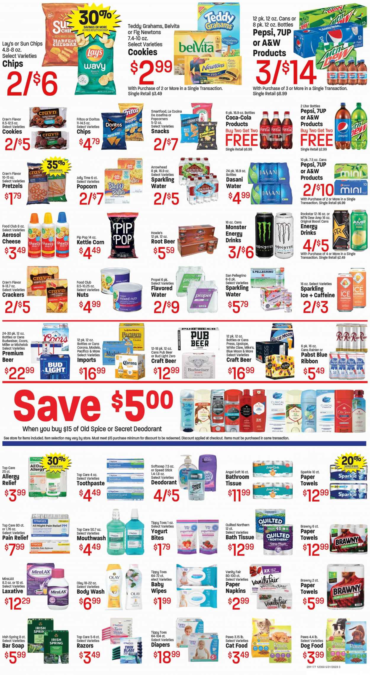 thumbnail - Fresh Market Flyer - 05/31/2023 - 06/06/2023 - Sales products - pretzels, snack, cheese, cookies, crackers, Doritos, Fritos, kettle corn, potato chips, chips, Lay’s, Smartfood, popcorn, salty snack, belVita, caramel, almonds, cashews, hazelnuts, mixed nuts, Coca-Cola, Mountain Dew, Pepsi, energy drink, Monster, soft drink, 7UP, Monster Energy, A&W, Rockstar, flavored water, sparkling water, San Pellegrino, water, Boost, alcohol, White Claw, beer, Bud Light, Corona Extra, Miller, Lager, Modelo, Pabst Blue Ribbon, Pabst, wipes, baby wipes, napkins, nappies, bath tissue, Quilted Northern, kitchen towels, paper towels, body wash, Softsoap, Old Spice, soap bar, soap, toothpaste, mouthwash, Olay, anti-perspirant, Speed Stick, deodorant, razor, Paws, animal food, cat food, dog food, MiraLAX, pain relief, laxative, allergy relief, Budweiser, Coors, Blue Moon, Michelob. Page 3.