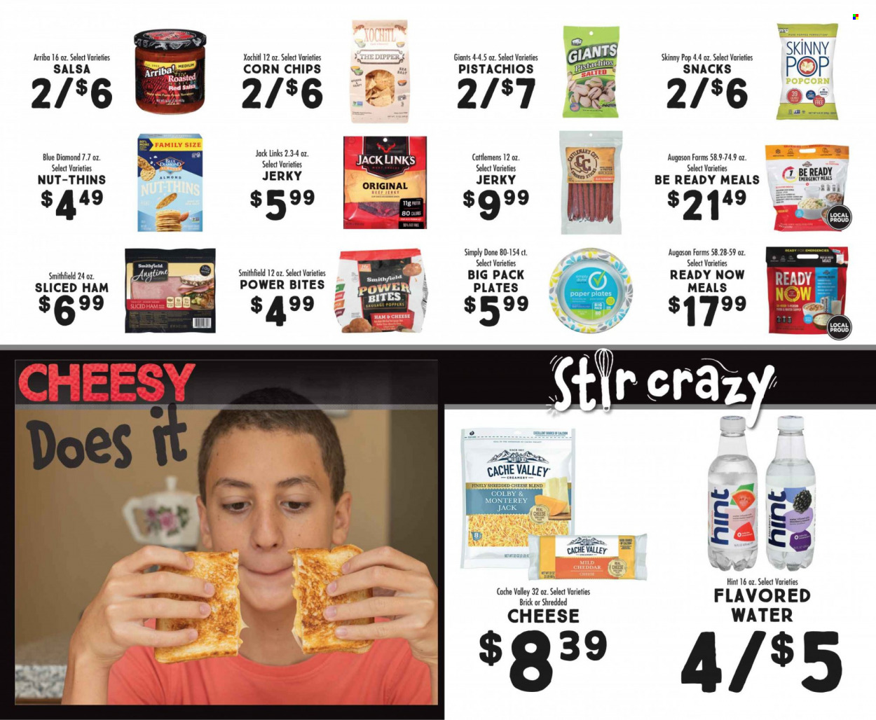 thumbnail - Fresh Market Flyer - 05/31/2023 - 07/04/2023 - Sales products - beef jerky, ham, jerky, snack, sausage, Colby cheese, mild cheddar, Monterey Jack cheese, shredded cheese, chips, Thins, corn chips, popcorn, Skinny Pop, Jack Link's, salsa, pistachios, Blue Diamond, flavored water, water, plate, paper plate. Page 12.