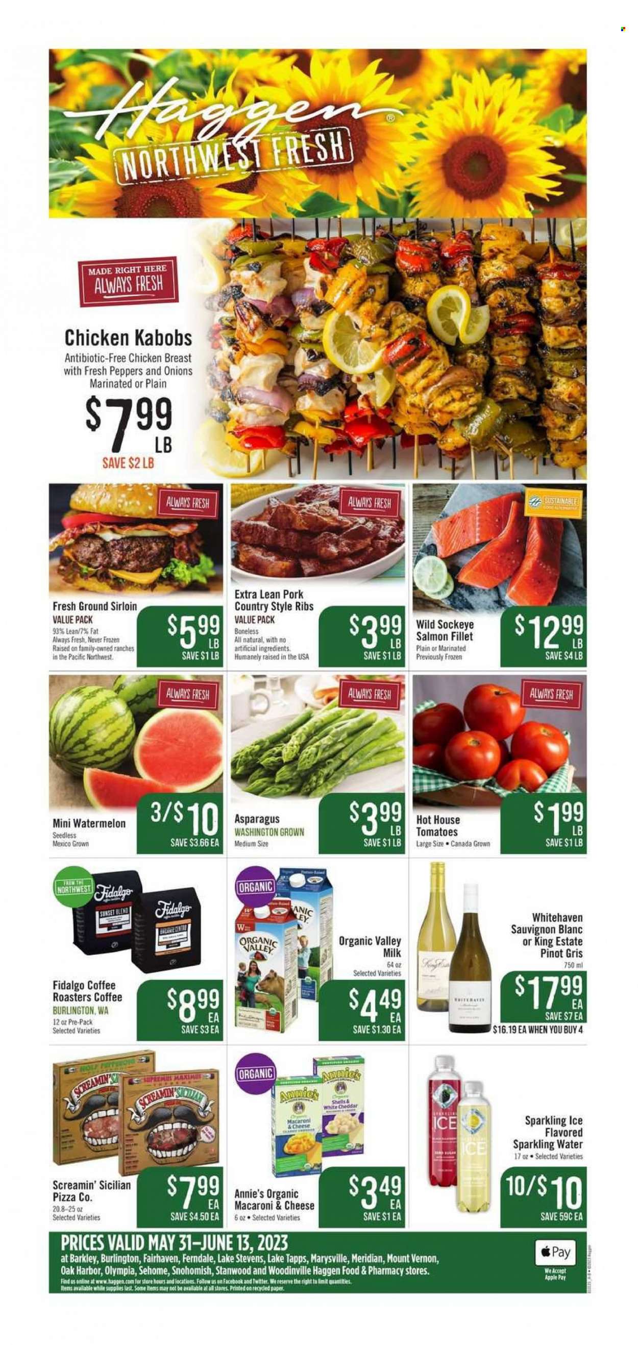 thumbnail - Haggen Flyer - 05/31/2023 - 06/13/2023 - Sales products - macaroons, watermelon, salmon, salmon fillet, macaroni & cheese, pizza, Annie's, milk, Screamin' Sicilian, flavored water, sparkling water, water, coffee, wine, Pinot Grigio, Sauvignon Blanc, chicken breasts, chicken, ribs, pork ribs, country style ribs. Page 1.