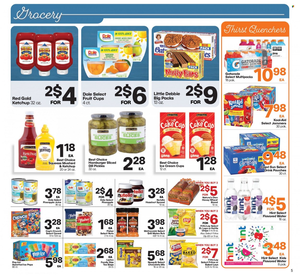 thumbnail - Harps Hometown Fresh Flyer - 05/31/2023 - 06/13/2023 - Sales products - wheat bread, cupcake, Dole, mandarines, watermelon, pineapple, cherries, oranges, fruit cup, hamburger, Nesquik, Sunshine, dip, ice cream, Nutella, Fritos, chips, Lay’s, Frito-Lay, Kettle chips, oats, pickles, cereals, Cap'n Crunch, dill, mustard, ketchup, peanut butter, hazelnut spread, Capri Sun, pineapple juice, juice, fruit juice, Lipton, fruit drink, Gatorade, flavored water, water, powder drink, tea bags. Page 5.