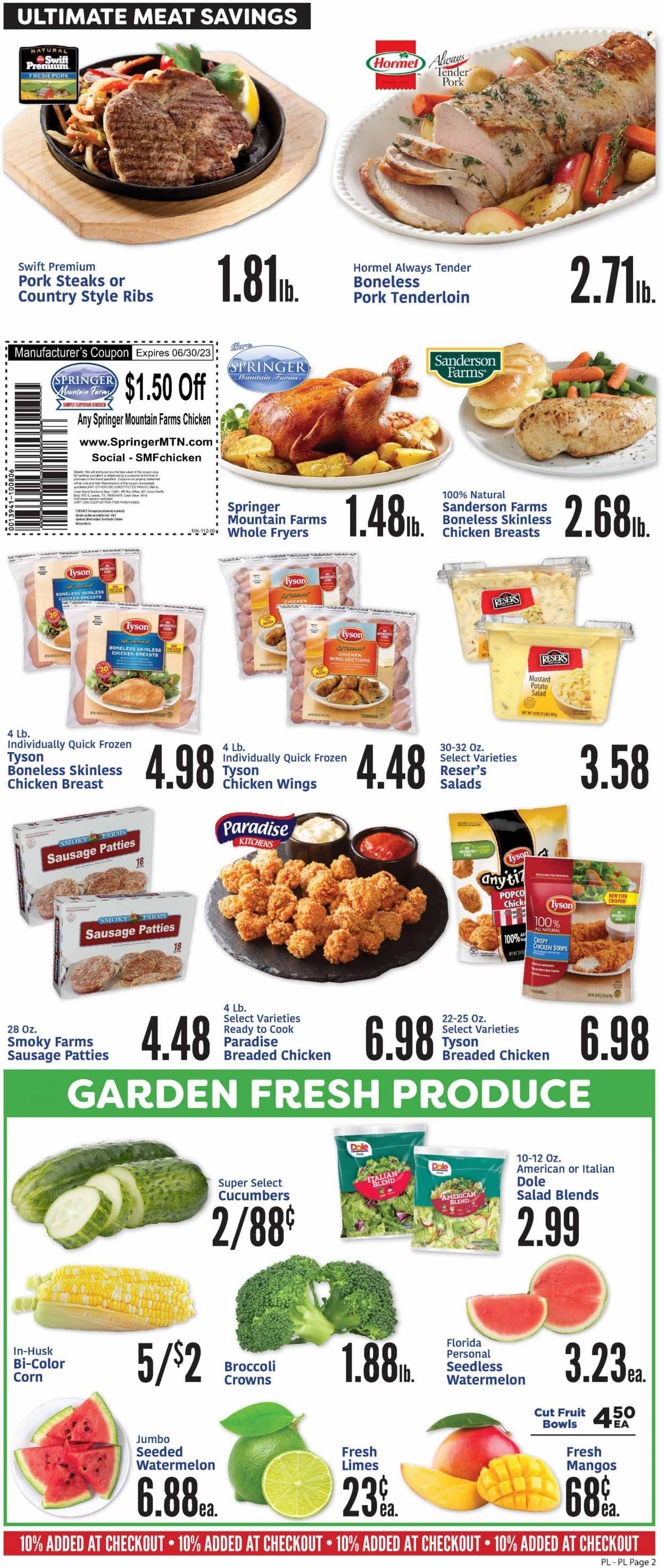 thumbnail - Price Less Foods Flyer - 05/31/2023 - 06/06/2023 - Sales products - corn, Dole, limes, watermelon, fried chicken, Hormel, sausage, potato salad, chicken wings, chicken strips, chicken broth, broth, mustard, chicken breasts, steak, ribs, sausage patties, pork chops, pork meat, pork ribs, pork tenderloin, country style ribs. Page 4.