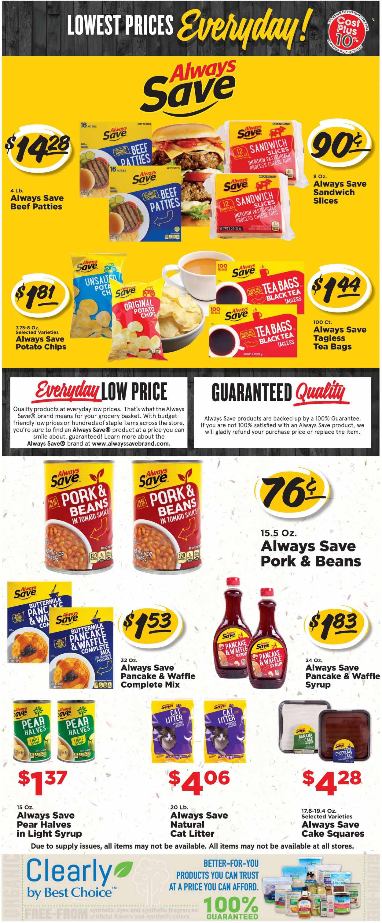 thumbnail - Price Less Foods Flyer - 05/31/2023 - 06/06/2023 - Sales products - cake, cake squares, muffin, chocolate cake, beans, pears, coconut, sandwich, pancakes, sandwich slices, buttermilk, potato chips, maple syrup, syrup, water, tea bags, cat litter. Page 6.