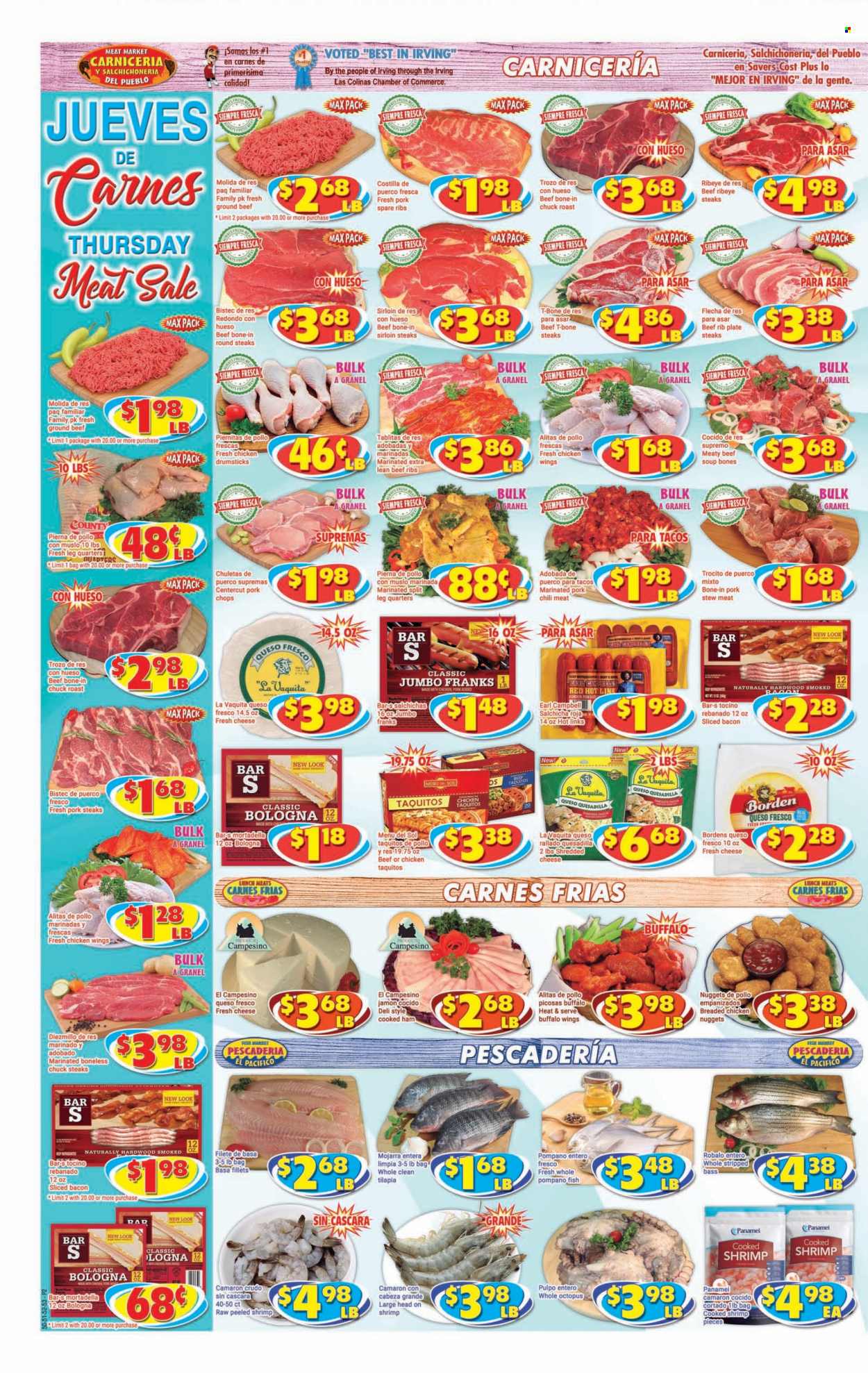 thumbnail - Savers Cost Plus Flyer - 05/31/2023 - 06/06/2023 - Sales products - stew meat, tilapia, octopus, pompano, soup, nuggets, fried chicken, chicken nuggets, cheese nuggets, Menu Del Sol, taquitos, roast, bacon, cooked ham, mortadella, ham, bologna sausage, frankfurters, shredded cheese, queso fresco, cheese, chicken wings, chicken drumsticks, chicken, beef meat, beef ribs, ground beef, t-bone steak, steak, sirloin steak, chuck roast, ribeye steak, ribs, pork chops, pork meat, pork ribs, pork spare ribs, marinated pork. Page 2.