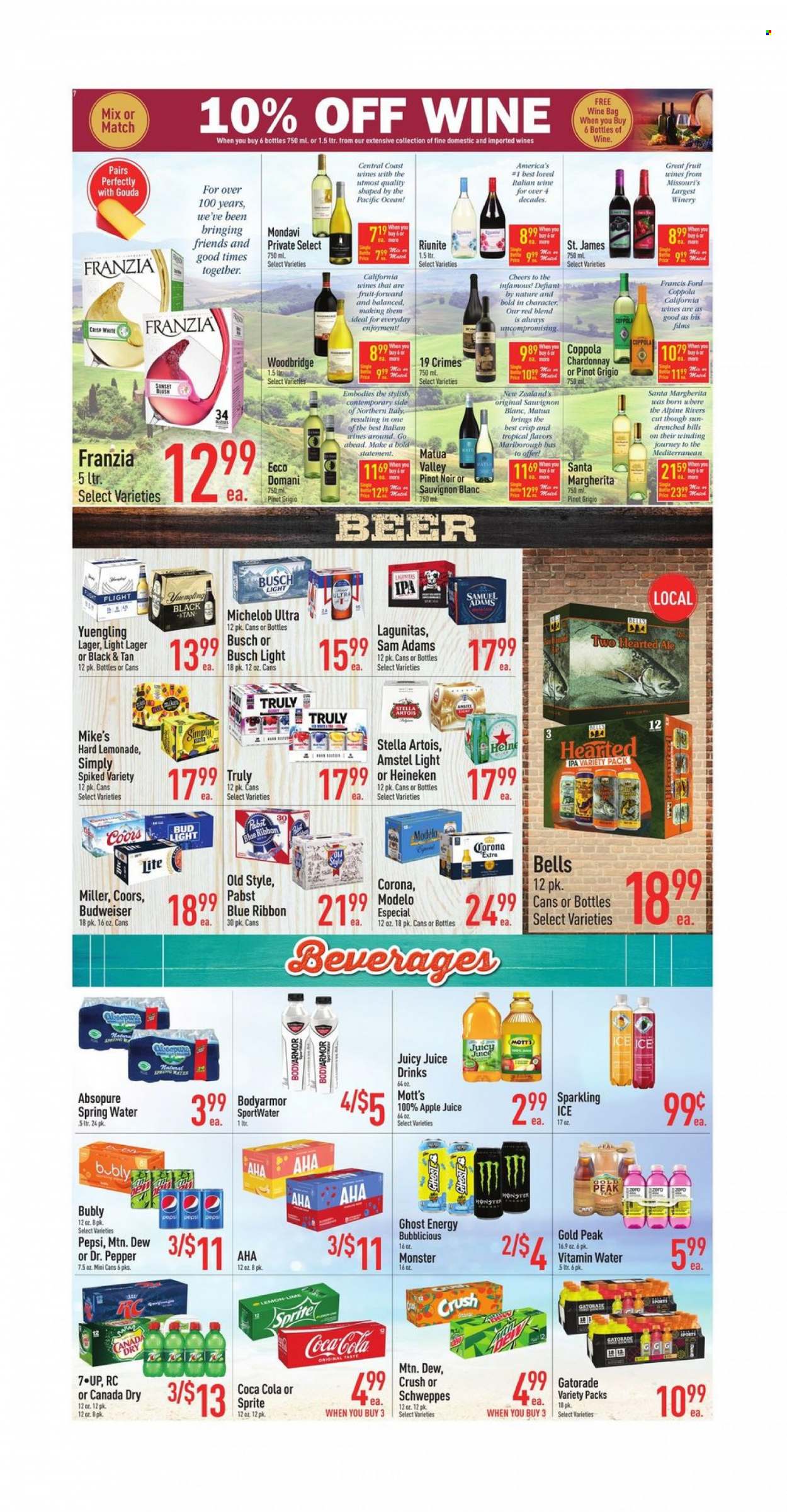 thumbnail - Strack & Van Til Flyer - 05/31/2023 - 06/06/2023 - Sales products - Mott's, perch, Santa, pepper, apple juice, Canada Dry, Coca-Cola, lemonade, Mountain Dew, Schweppes, Sprite, Pepsi, juice, Monster, Dr. Pepper, soft drink, Gatorade, spring water, flavored water, vitamin water, water, tea, red wine, white wine, Chardonnay, wine, Pinot Noir, alcohol, Pinot Grigio, Sauvignon Blanc, Woodbridge, TRULY, Busch, Stella Artois, Bud Light, Corona Extra, Heineken, Miller, Lager, IPA, Modelo, Pabst Blue Ribbon, Amstel, Bell's, Pabst, electrolyte drink, Budweiser, Coors, Yuengling, Michelob. Page 7.