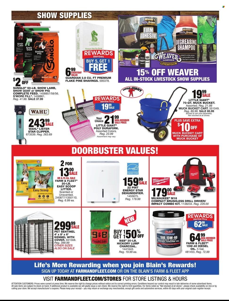 thumbnail - Blain's Farm & Fleet Flyer - 05/31/2023 - 06/11/2023 - Sales products - cat litter, travel dog kennel, adhesive, charcoal, Milwaukee, drill, combo kit, cart, motor oil, diesel oil. Page 16.