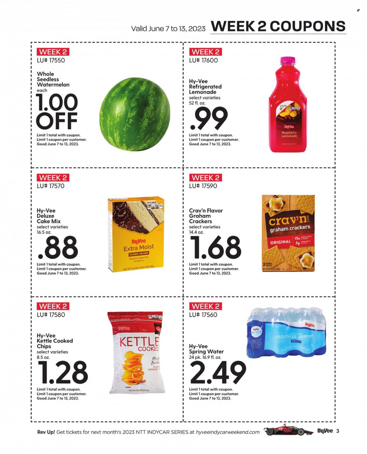 thumbnail - Hy-Vee Flyer - 06/01/2023 - 06/30/2023 - Sales products - cake mix, graham crackers, crackers, chips, lemonade, spring water, water. Page 5.