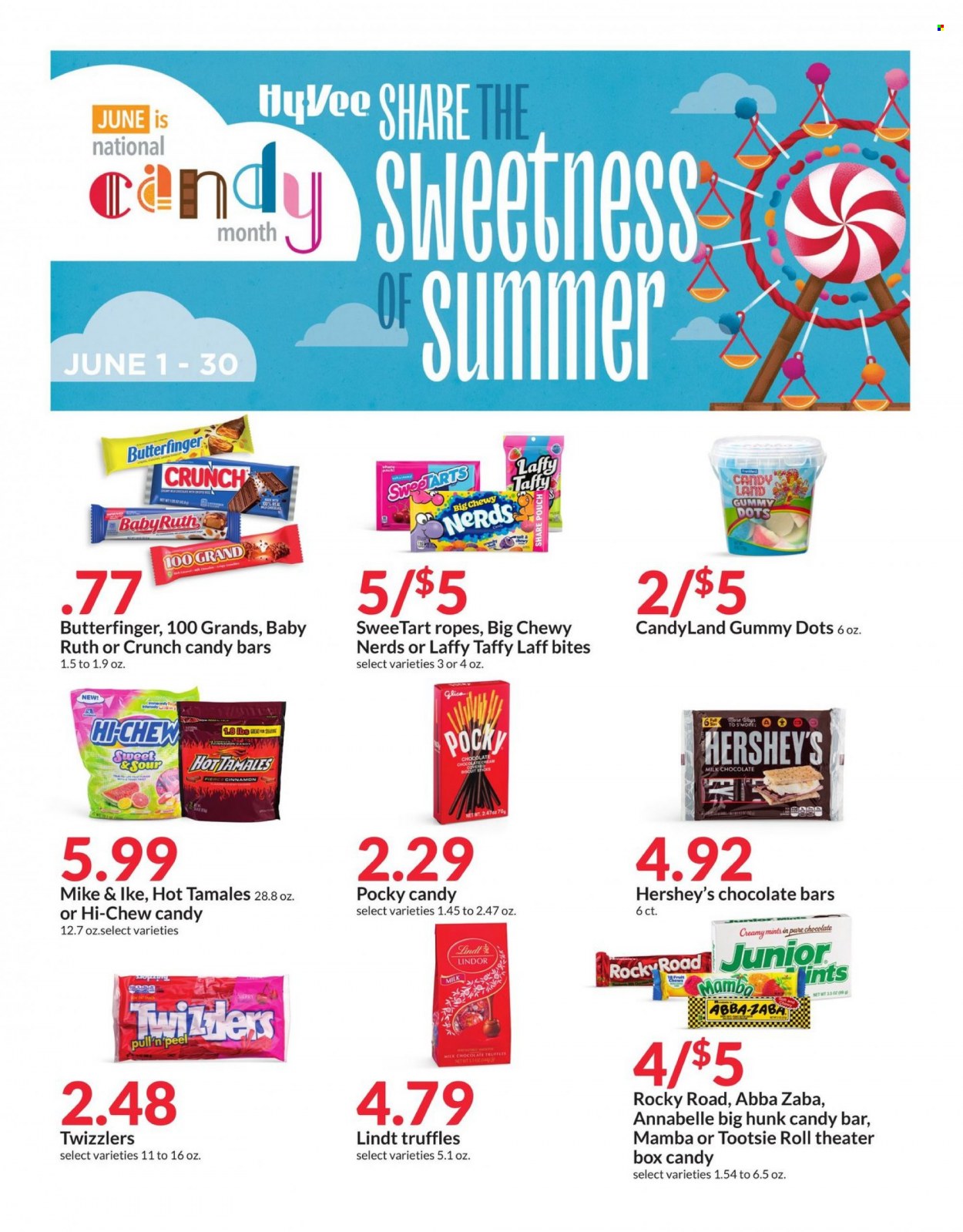 thumbnail - Hy-Vee Flyer - 06/01/2023 - 06/30/2023 - Sales products - cherries, snack, Hershey's, milk chocolate, Lindt, Lindor, truffles, chewing gum, biscuit, chocolate bar, candy bar, cinnamon. Page 1.