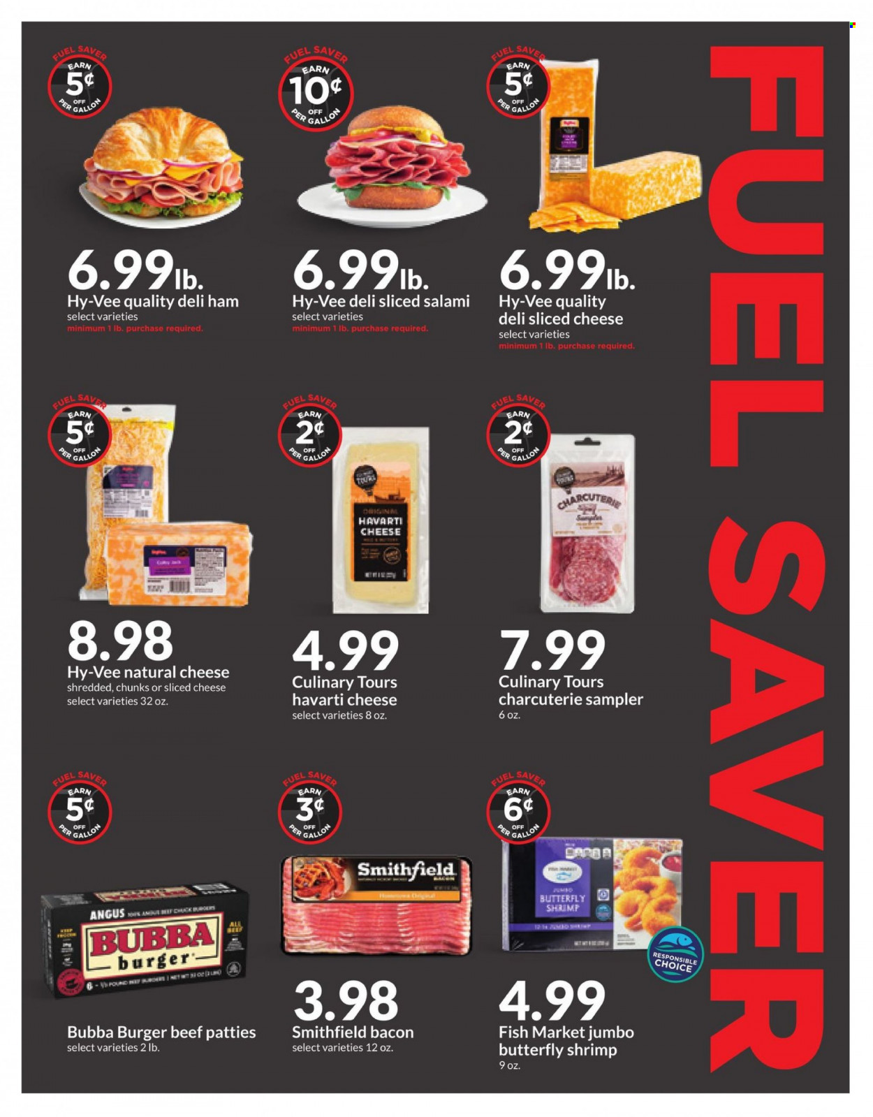 thumbnail - Hy-Vee Flyer - 05/31/2023 - 06/06/2023 - Sales products - shrimps, bacon, salami, ham, sliced cheese, Havarti, cheese, tops. Page 4.