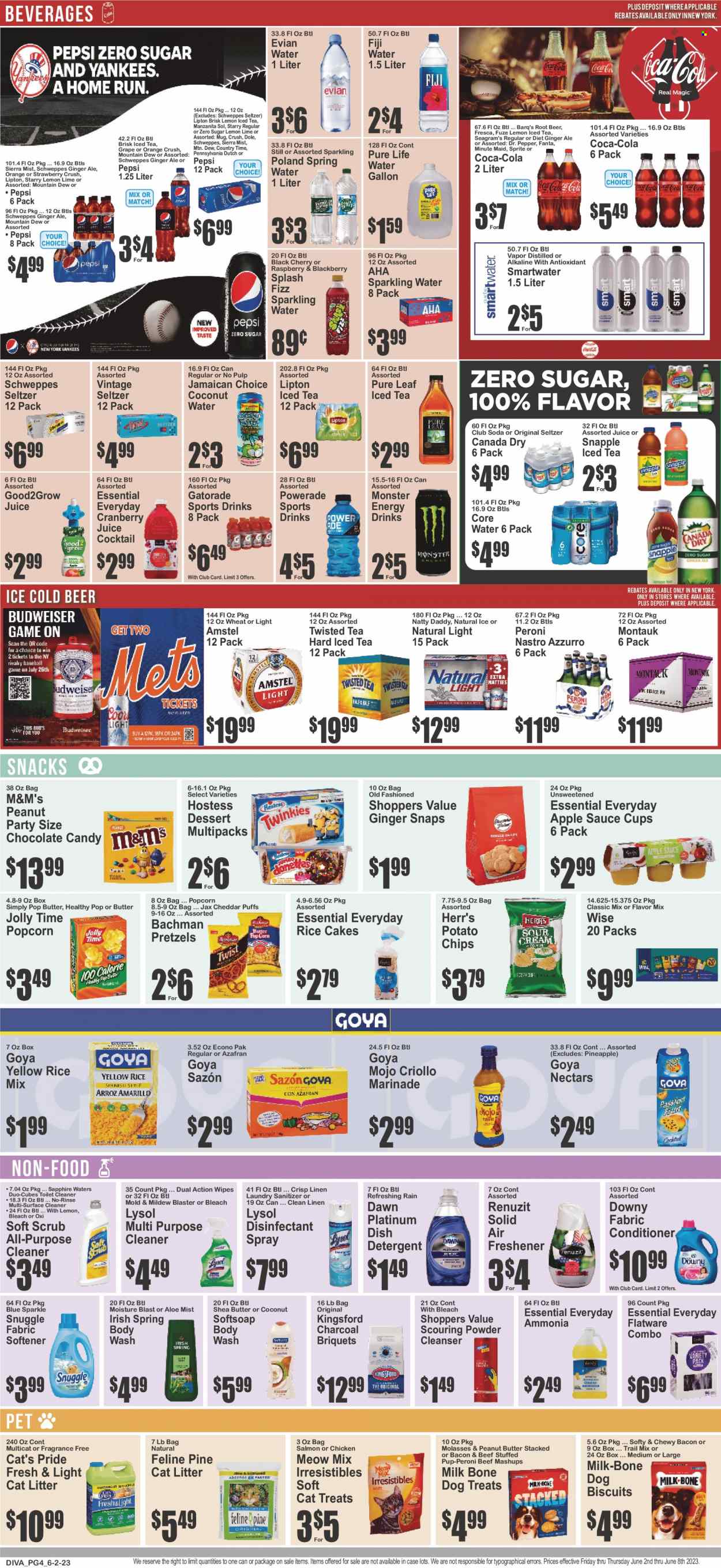thumbnail - Key Food Flyer - 06/02/2023 - 06/08/2023 - Sales products - pretzels, puffs, dessert, Dole, cherries, oranges, salmon, sauce, Kingsford, snack, cheese, M&M's, chocolate candies, Candy, potato chips, chips, popcorn, Goya, marinade, apple sauce, molasses, peanut butter, trail mix, Canada Dry, Coca-Cola, cranberry juice, ginger ale, Mountain Dew, Schweppes, Sprite, Powerade, Pepsi, juice, Fanta, energy drink, Monster, Lipton, ice tea, Dr. Pepper, coconut water, soft drink, Monster Energy, Snapple, Sierra Mist, Country Time, Gatorade, fruit punch, Club Soda, seltzer water, spring water, sparkling water, Pure Life Water, Smartwater, Evian, water, Pure Leaf, beer, Sol, Amstel, wipes, detergent, surface cleaner, cleaner, desinfection, toilet cleaner, Lysol, Snuggle, fabric softener, laundry detergent, Downy Laundry, dishwasher cleaner, body wash, Softsoap, cleanser, shea butter, antibacterial spray, flatware, mug, Renuzit, air freshener, cat litter, animal treats, dog food, dog biscuits, Pup-Peroni, Meow Mix, electrolyte drink, Twisted Tea. Page 5.