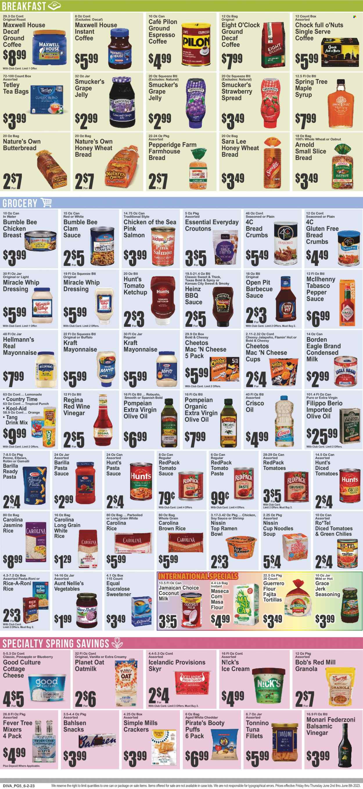 thumbnail - Key Food Flyer - 06/02/2023 - 06/08/2023 - Sales products - wheat bread, Sara Lee, puffs, breadcrumbs, jalapeño, oranges, clams, tuna, shrimps, ramen, pasta sauce, soup, Bumble Bee, noodles cup, Top Ramen, Barilla, fajita, noodles, Kraft®, Nissin, roast, snack, cottage cheese, cheddar, cheese cup, condensed milk, oat milk, mayonnaise, Miracle Whip, Hellmann’s, ice cream, jelly, crackers, Cheetos, salty snack, Crisco, croutons, tabasco, sweetener, coconut milk, tomato paste, tomato sauce, Heinz, tomatoes & green chilies, Chicken of the Sea, diced tomatoes, granola, brown rice, rice, jasmine rice, white rice, penne, pepper, spice, BBQ sauce, soy sauce, ketchup, dressing, balsamic vinegar, extra virgin olive oil, vinegar, wine vinegar, olive oil, oil, grape jelly, maple syrup, syrup, lemonade, Country Time, fruit punch, water, powder drink, Maxwell House, tea bags, instant coffee, ground coffee, Eight O'Clock, alcohol, bowl, Nature's Own. Page 6.