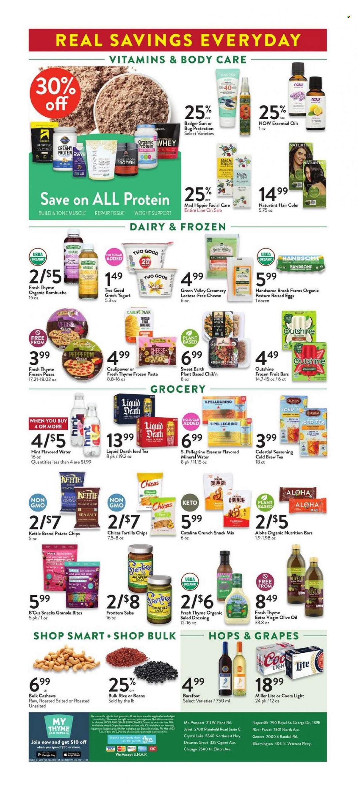 thumbnail - Fresh Thyme Flyer - 05/31/2023 - 06/06/2023 - Sales products - beans, tomatillo, pineapple, pizza, ready meal, snack, pepperoni, greek yoghurt, yoghurt, eggs, ice cream bars, fruit bar, frozen fruit, tortilla chips, potato chips, broth, granola, nutrition bar, cilantro, spice, salad dressing, dressing, salsa, extra virgin olive oil, olive oil, cashews, ice tea, mineral water, flavored water, San Pellegrino, water, kombucha, alcohol, beer, whey protein, Miller Lite, Coors. Page 2.