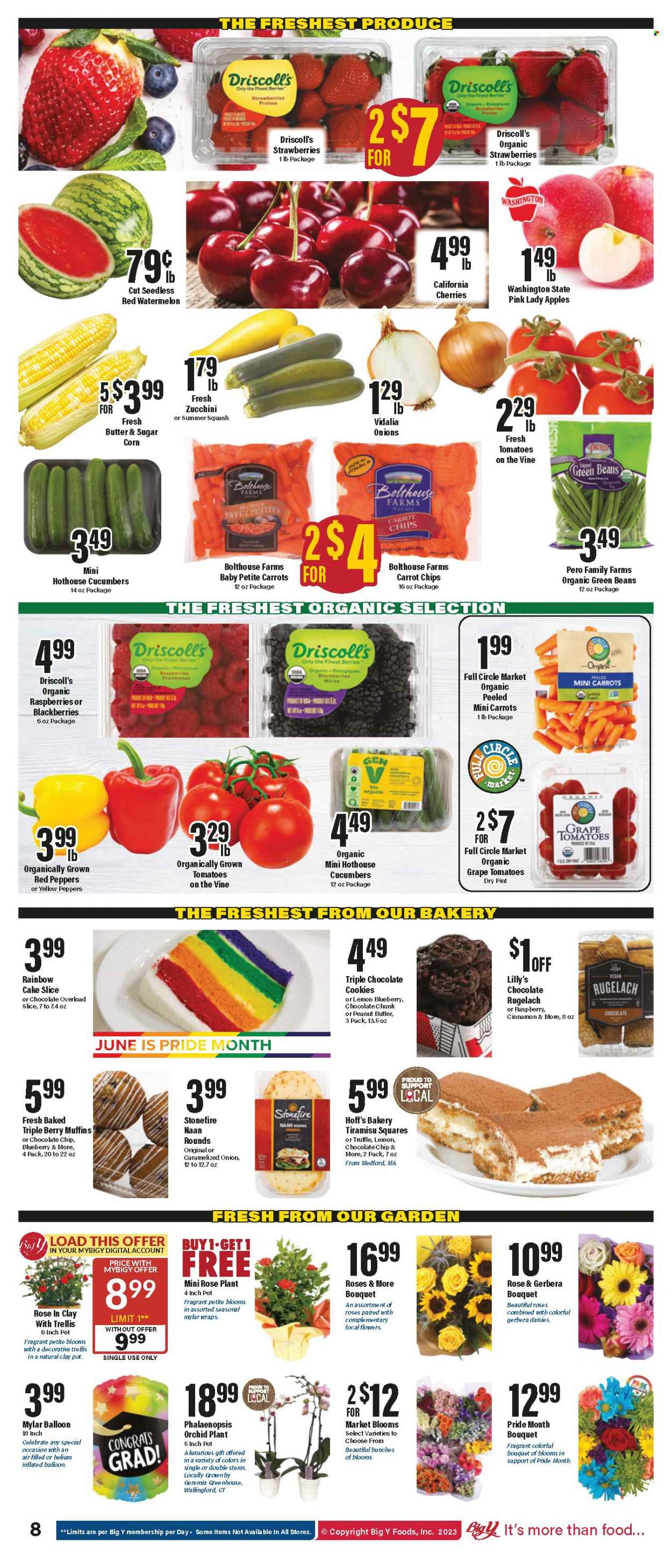 thumbnail - Big Y Flyer - 06/01/2023 - 06/07/2023 - Sales products - cake, wraps, muffin, tiramisu, beans, carrots, corn, cucumber, green beans, tomatoes, zucchini, onion, peppers, red peppers, apples, blackberries, raspberries, strawberries, watermelon, cherries, Pink Lady, cookies, chocolate cookies, chocolate chips, truffles, chips, cinnamon. Page 9.