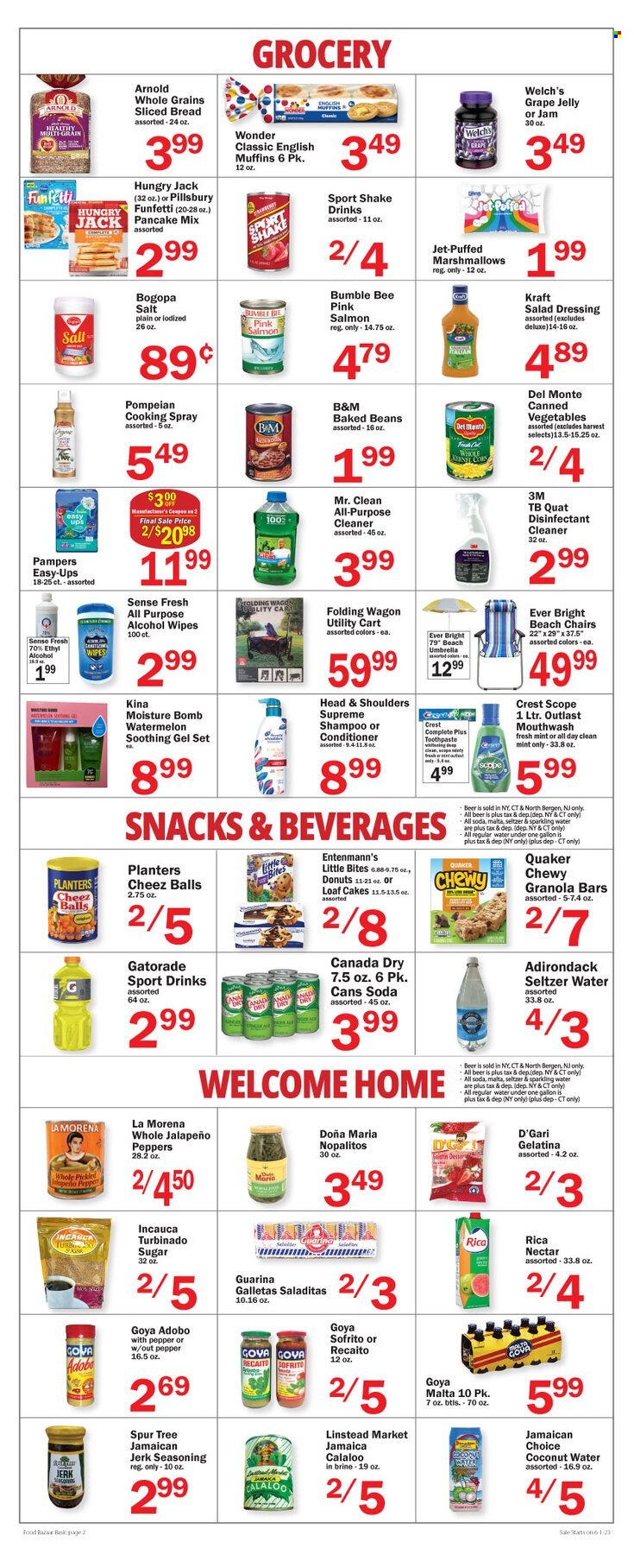 thumbnail - Food Bazaar Flyer - 06/01/2023 - 06/07/2023 - Sales products - bread, english muffins, cake, Ace, donut, Entenmann's, pancake mix, beans, corn, jalapeño, watermelon, Welch's, salmon, Bumble Bee, Pillsbury, Quaker, Kraft®, snack, shake, marshmallows, jelly, Little Bites, sugar, canned vegetables, baked beans, Goya, Del Monte, granola bar, spice, adobo sauce, salad dressing, dressing, cooking spray, grape jelly, Planters, Canada Dry, coconut water, Gatorade, seltzer water, soda, sparkling water, beer. Page 2.