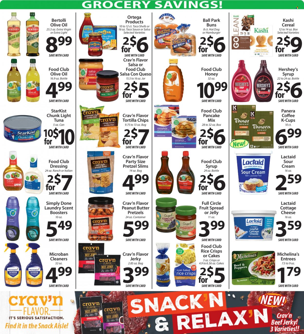 thumbnail - ACME Fresh Market Flyer - 06/01/2023 - 06/07/2023 - Sales products - pretzels, cake, buns, pancake mix, tuna, StarKist, hot dog, hamburger, Bertolli, ready meal, jerky, cottage cheese, Lactaid, sour cream, Hershey's, jelly, tortilla chips, chips, rice crisps, salty snack, canned tuna, light tuna, cereals, taco sauce, dressing, salsa, extra virgin olive oil, olive oil, oil, honey, peanut butter, syrup, coffee, coffee capsules, K-Cups, scent booster. Page 5.