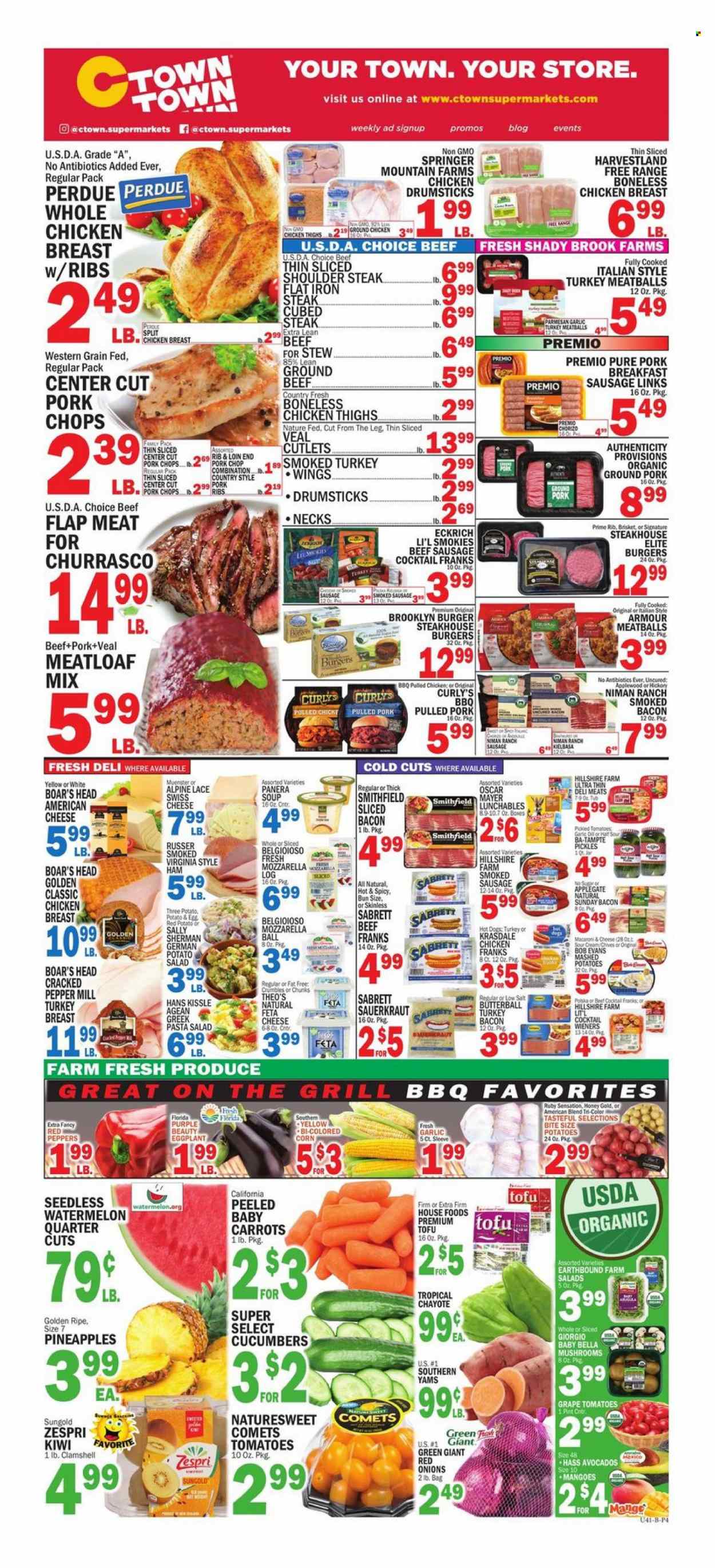 thumbnail - C-Town Flyer - 06/02/2023 - 06/08/2023 - Sales products - mushrooms, stew meat, macaroons, arugula, carrots, corn, cucumber, garlic, red onions, onion, salad, peppers, eggplant, red peppers, chives, avocado, kiwi, watermelon, pineapple, chayote, mashed potatoes, hot dog, meatballs, soup, hamburger, pasta, meatloaf, Perdue®, Lunchables, Bob Evans, pulled pork, pulled chicken, brisket, Boar's Head, bacon, Butterball, turkey bacon, ham, Hillshire Farm, Oscar Mayer, sausage, smoked sausage, chicken frankfurters, frankfurters, potato salad, pasta salad, american cheese, swiss cheese, parmesan, Münster cheese, feta, tofu, eggs, sour cream, sauerkraut, pickles, pickled cabbage, honey, cocktail, beer, ground chicken, whole chicken, chicken breasts, chicken thighs, chicken drumsticks, turkey, beef meat, ground beef, steak, top blade, ribs, ground pork, pork chops, pork meat, pork ribs. Page 5.