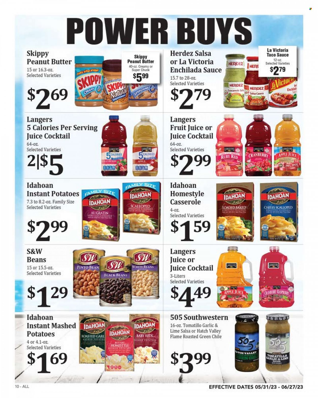 thumbnail - Rosauers Flyer - 05/31/2023 - 06/27/2023 - Sales products - beans, tomatillo, mashed potatoes, sauce, guacamole, black beans, enchilada sauce, taco sauce, salsa, peanut butter, apple juice, juice, fruit juice, Victor. Page 10.