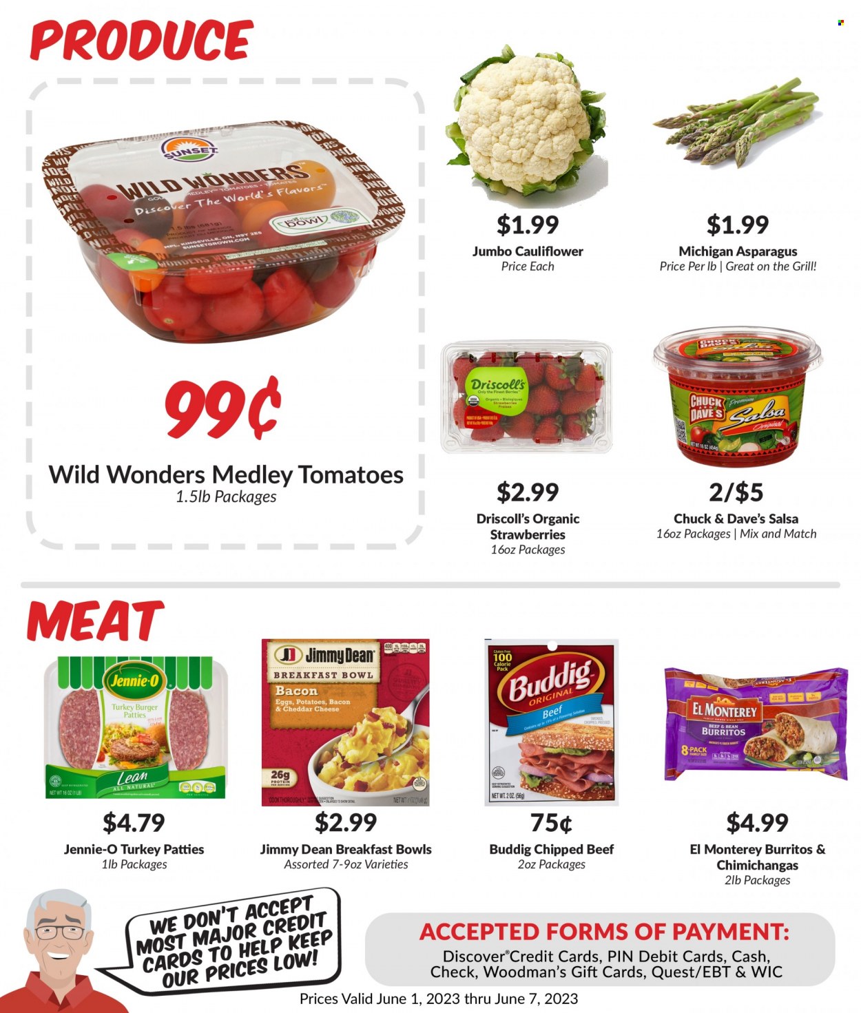 thumbnail - Woodman's Markets Flyer - 06/01/2023 - 06/07/2023 - Sales products - asparagus, cauliflower, tomatoes, potatoes, strawberries, turkey, hamburger, burger patties, turkey burger, breakfast bowl, burrito, Jimmy Dean, bacon, eggs, salsa. Page 2.
