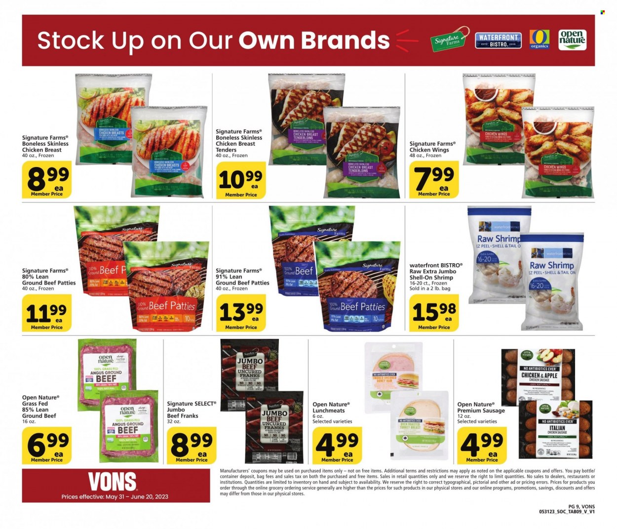 thumbnail - Vons Flyer - 05/31/2023 - 06/20/2023 - Sales products - chicken tenders, chicken wings, chicken, beef meat, ground beef, shrimps, ham, sausage, chicken sausage, frankfurters, lunch meat, pot, container. Page 9.