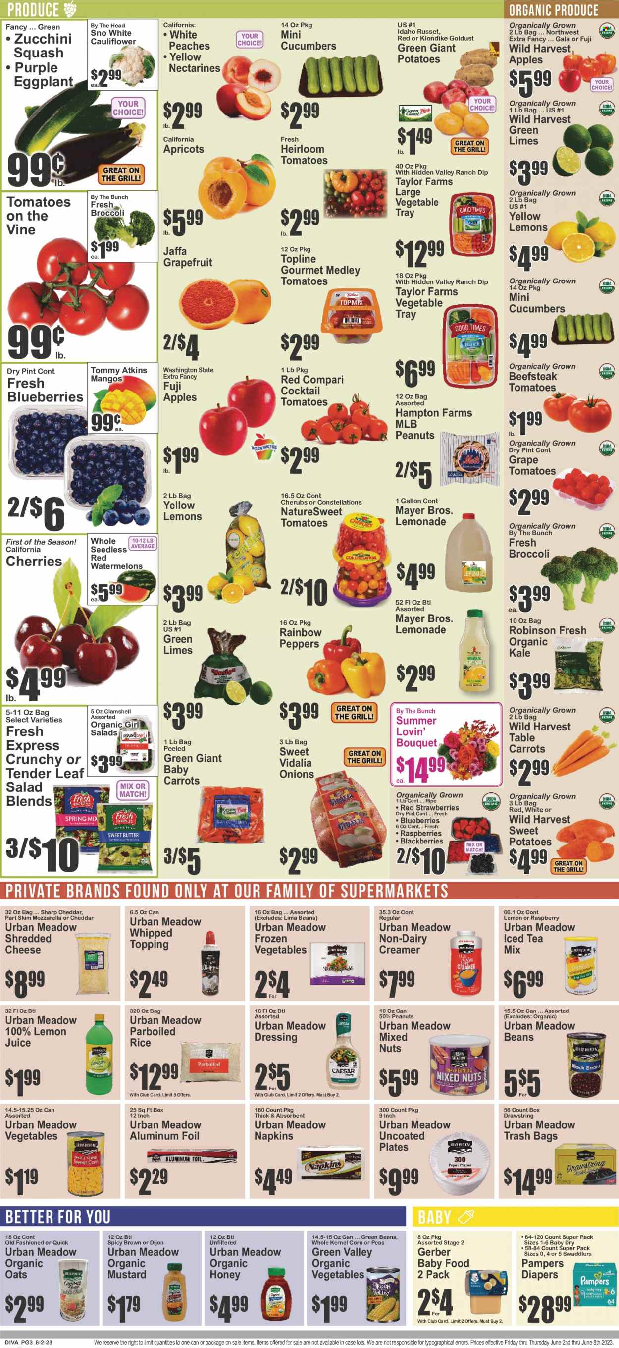 thumbnail - Food Dynasty Flyer - 06/02/2023 - 06/08/2023 - Sales products - beans, broccoli, carrots, corn, cucumber, green beans, russet potatoes, sweet potato, tomatoes, zucchini, kale, potatoes, peas, onion, peppers, eggplant, Wild Harvest, blackberries, Gala, grapefruits, limes, raspberries, strawberries, watermelon, cherries, Fuji apple, apricots, peaches, mozzarella, shredded cheese, non dairy creamer, creamer, dip, frozen vegetables, lima beans, Gerber, oats, topping, rice, parboiled rice, mustard, honey, peanuts, mixed nuts, lemonade, ice tea, lemon juice, cocktail, Pampers, napkins, nappies, trash bags, tray, plate, aluminium foil, grill, bouquet, nectarines. Page 3.