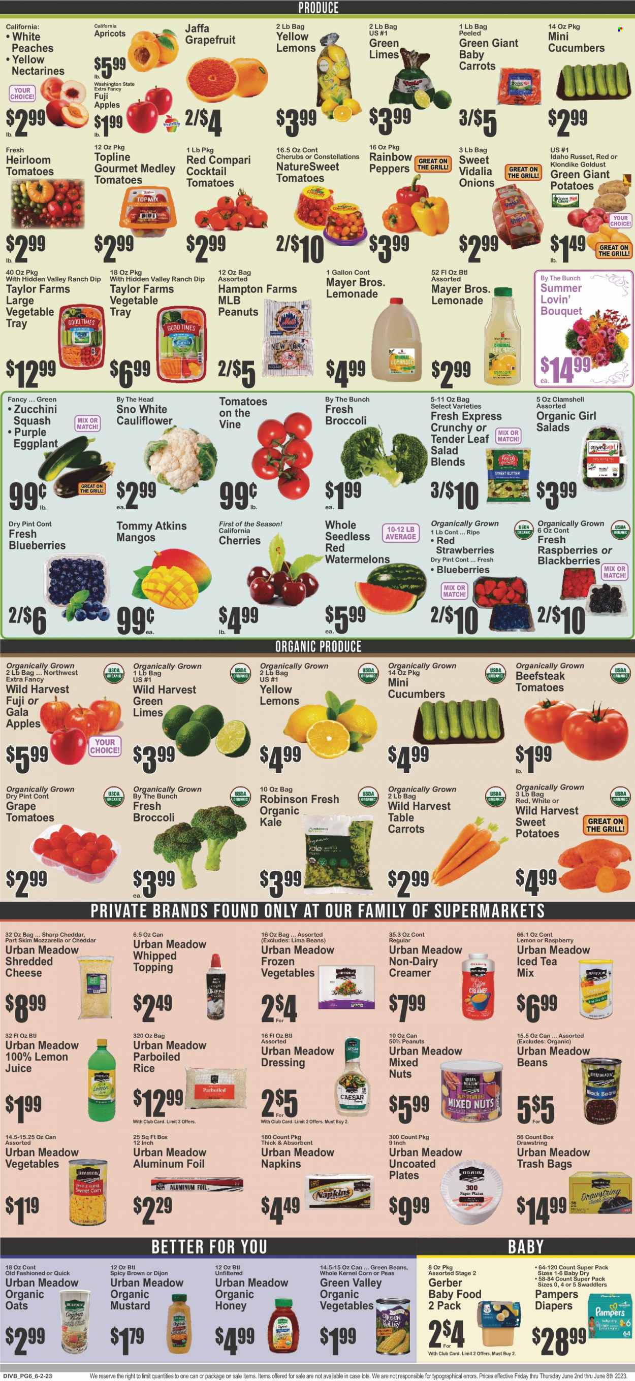 thumbnail - Food Universe Flyer - 06/02/2023 - 06/08/2023 - Sales products - beans, broccoli, carrots, corn, cucumber, green beans, russet potatoes, sweet potato, tomatoes, zucchini, kale, potatoes, peas, onion, salad, peppers, eggplant, Wild Harvest, blackberries, Gala, grapefruits, limes, raspberries, strawberries, watermelon, cherries, Fuji apple, apricots, peaches, mozzarella, shredded cheese, non dairy creamer, creamer, dip, frozen vegetables, lima beans, Gerber, oats, topping, rice, parboiled rice, mustard, honey, peanuts, mixed nuts, lemonade, ice tea, lemon juice, cocktail, Pampers, napkins, nappies, trash bags, tray, plate, aluminium foil, grill, bouquet, nectarines. Page 6.