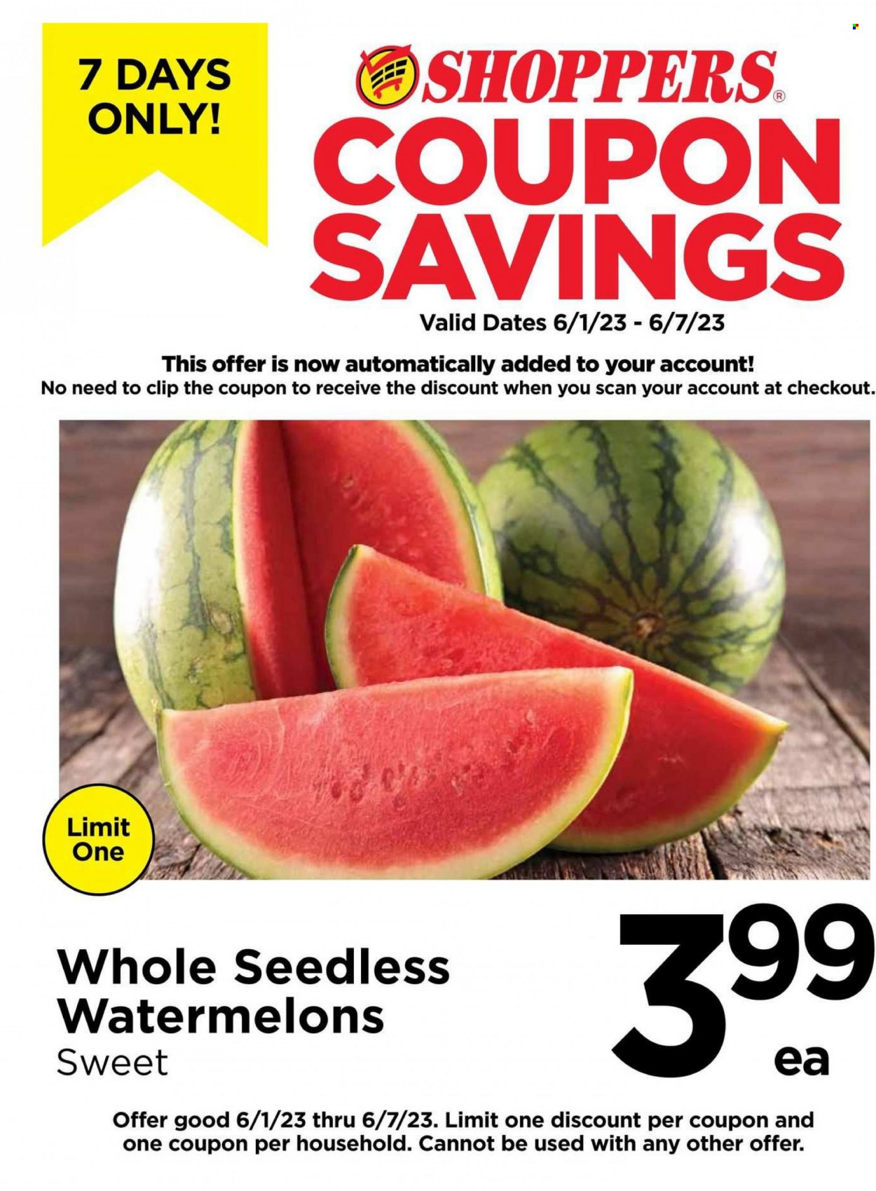 thumbnail - Shoppers Flyer - 06/01/2023 - 06/07/2023 - Sales products - watermelon, 7 Days. Page 8.