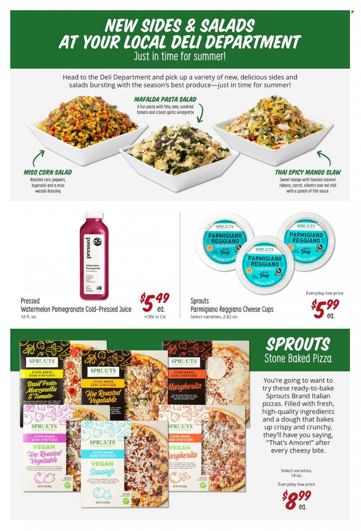 thumbnail - Sprouts Flyer - 05/31/2023 - 06/27/2023 - Sales products - garlic, kale, watermelon, cod, fish, pizza, pasta, sausage, pasta salad, cheese cup, Parmigiano Reggiano, feta, roasted corn, dried tomatoes, cilantro, wasabi, pepper, fish sauce, miso, vinaigrette dressing, dressing, basil pesto, juice, LEGO, pomegranate. Page 29.