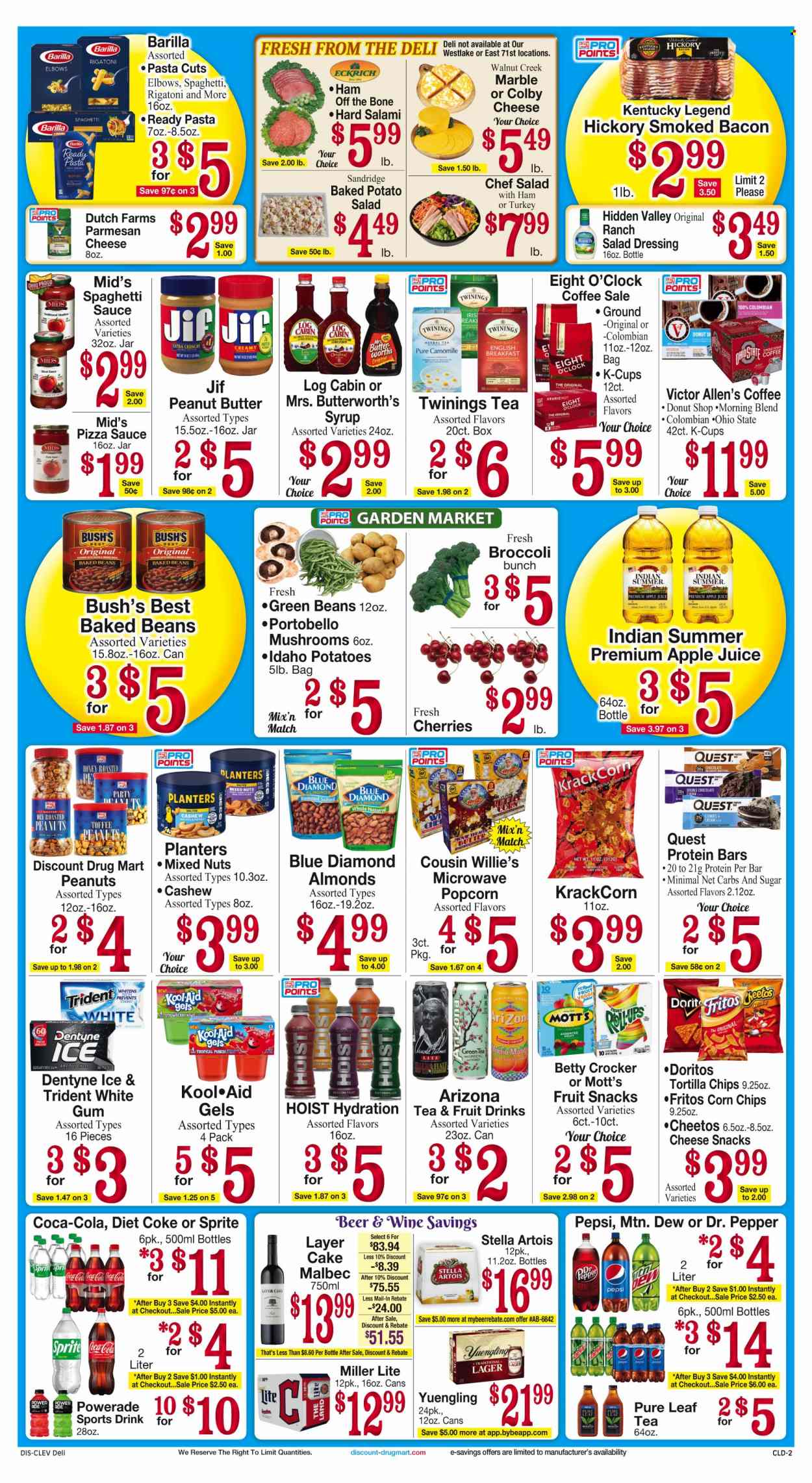 thumbnail - Discount Drug Mart Flyer - 06/07/2023 - 06/13/2023 - Sales products - portobello mushrooms, mushrooms, broccoli, green beans, potatoes, watermelon, Mott's, spaghetti, pasta, sauce, Barilla, spaghetti sauce, ready meal, salami, ham off the bone, potato salad, Colby cheese, parmesan, cookies, Trident, fruit snack, Doritos, Fritos, tortilla chips, Cheetos, chips, corn chips, popcorn, salty snack, baked beans, protein bar, salad dressing, dressing, honey, peanut butter, syrup, Jif, almonds, roasted peanuts, peanuts, mixed nuts, Planters, Blue Diamond, apple juice, Coca-Cola, Mountain Dew, Sprite, Powerade, Pepsi, juice, energy drink, Dr. Pepper, Diet Coke, soft drink, AriZona, fruit punch, Coke, green tea, herbal tea, Twinings, Pure Leaf, coffee, coffee capsules, K-Cups, Eight O'Clock, red wine, wine, alcohol, Malbec, beer, Stella Artois, Lager, turkey, jar, ginseng, Miller Lite, Yuengling. Page 2.