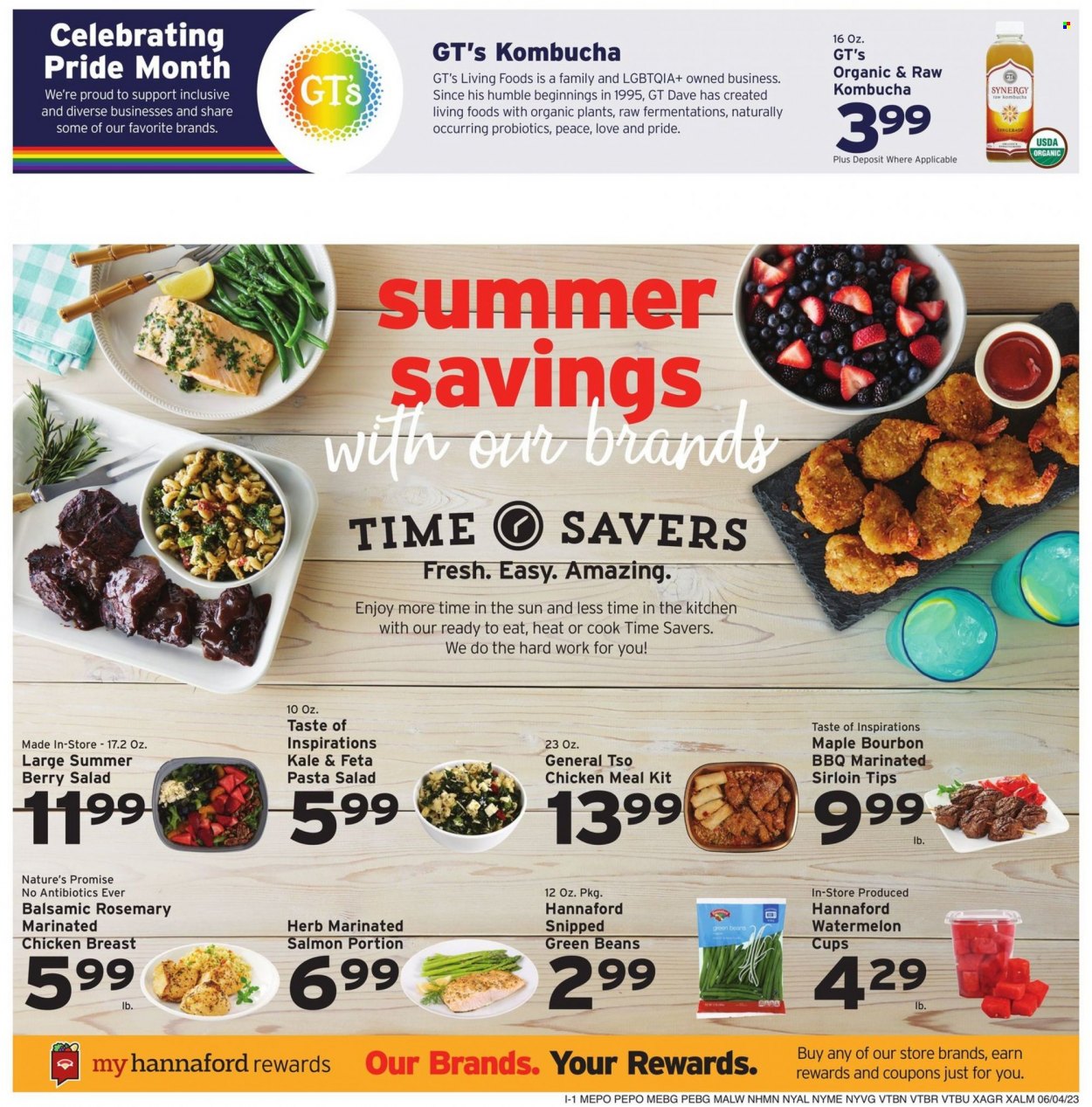 thumbnail - Hannaford Flyer - 06/04/2023 - 06/10/2023 - Sales products - Nature’s Promise, beans, green beans, salad, watermelon, salmon, pasta, pasta salad, rosemary, herbs, kombucha, chicken breasts, marinated chicken, chicken, cup, probiotics. Page 9.