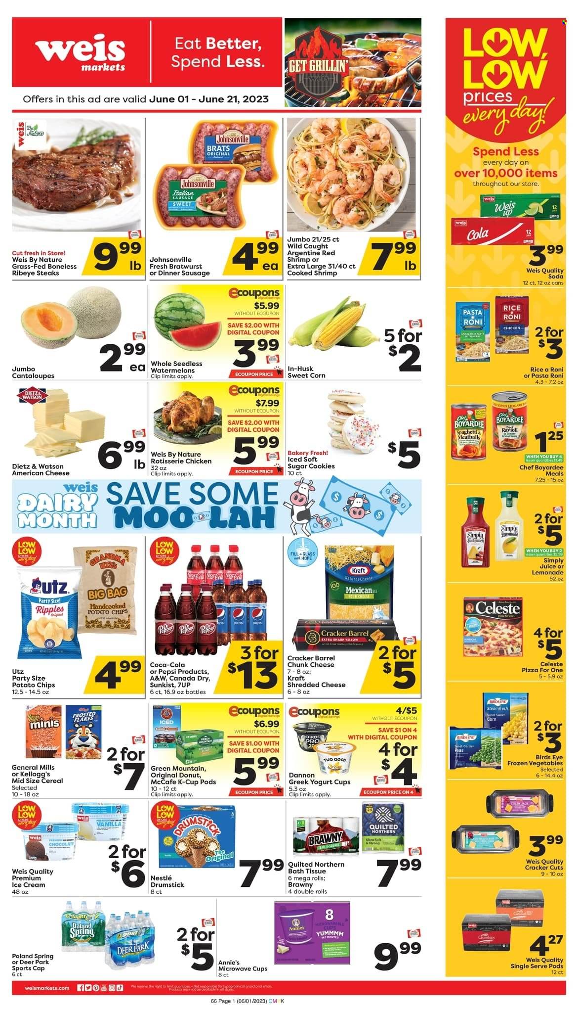 thumbnail - Weis Flyer - 06/01/2023 - 06/21/2023 - Sales products - donut, cantaloupe, corn, sweet corn, watermelon, beef meat, steak, ribeye steak, Johnsonville, shrimps, ravioli, spaghetti, pizza, chicken roast, meatballs, Bird's Eye, Annie's, Kraft®, ready meal, Dietz & Watson, bratwurst, sausage, italian sausage, american cheese, shredded cheese, chunk cheese, greek yoghurt, Oikos, Dannon, ice cream, ice cones, frozen vegetables, Celeste, cookies, Nestlé, crackers, Kellogg's, General Mills, potato chips, Chef Boyardee, cereals, rice, Canada Dry, Coca-Cola, lemonade, Pepsi, juice, soft drink, 7UP, A&W, soda, coffee capsules, McCafe, K-Cups, Green Mountain, red wine, wine, Quilted Northern. Page 1.