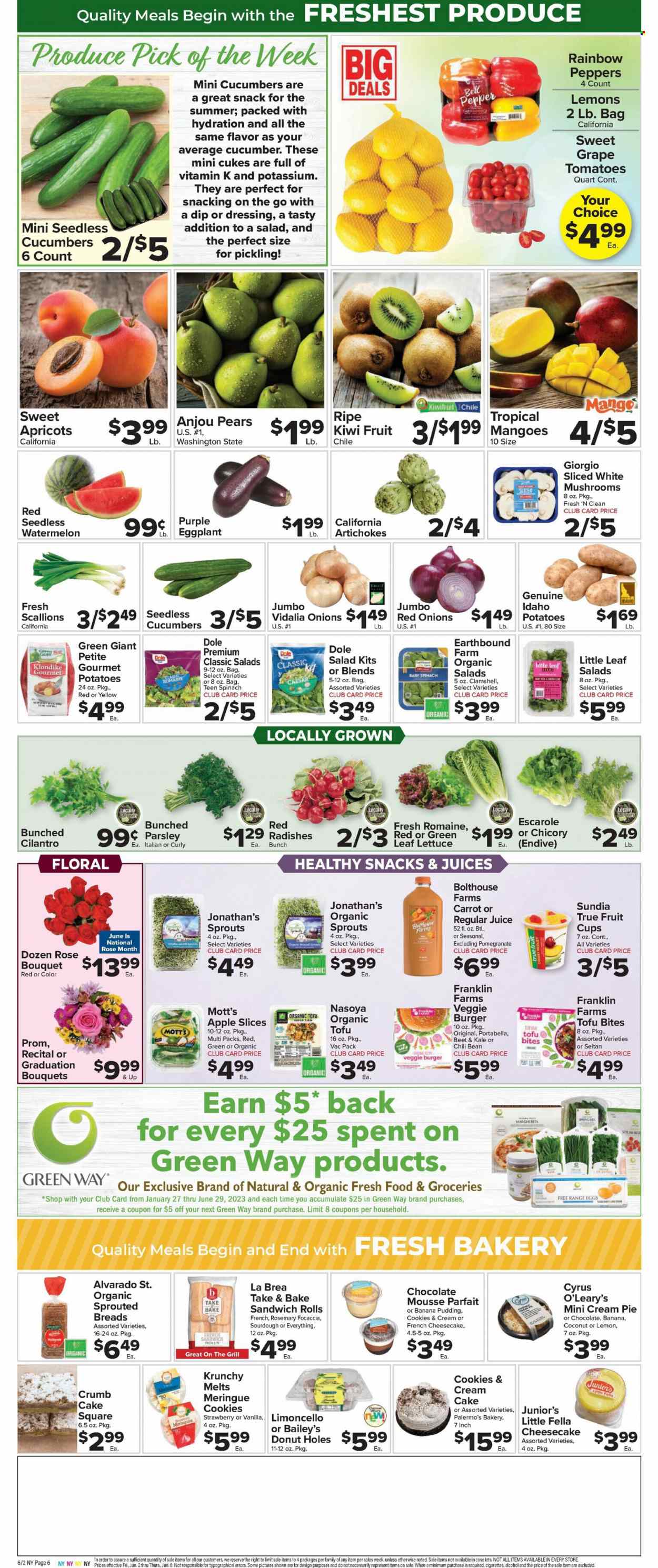 thumbnail - Foodtown Flyer - 06/02/2023 - 06/08/2023 - Sales products - mushrooms, cake, sandwich rolls, donut holes, cheesecake, cream pie, chocolate mousse, artichoke, bell peppers, radishes, red onions, tomatoes, potatoes, parsley, onion, salad, Dole, eggplant, green onion, kiwi, watermelon, pears, coconut, fruit cup, apricots, Mott's, veggie burger, snack, tofu, pudding, eggs, cookies, cilantro, rosemary, pepper, dressing, juice, alcohol, Limoncello, book, bouquet, rose, endive, pomegranate. Page 8.